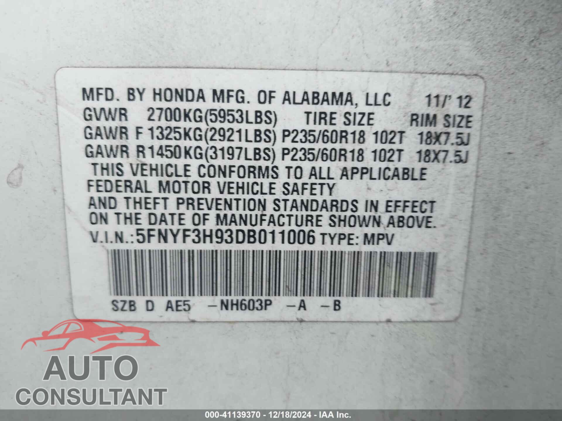 HONDA PILOT 2013 - 5FNYF3H93DB011006