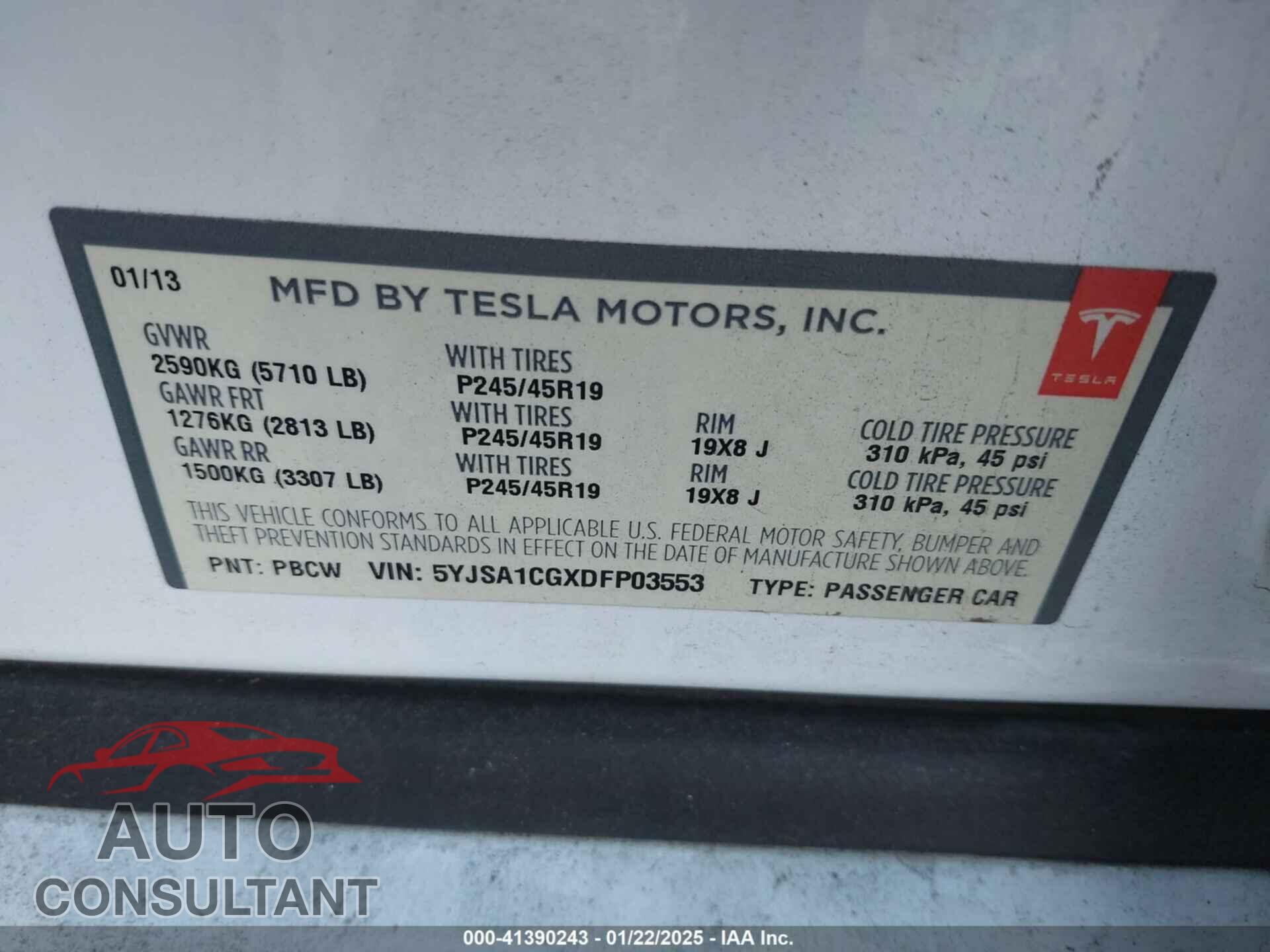 TESLA MODEL S 2013 - 5YJSA1CGXDFP03553