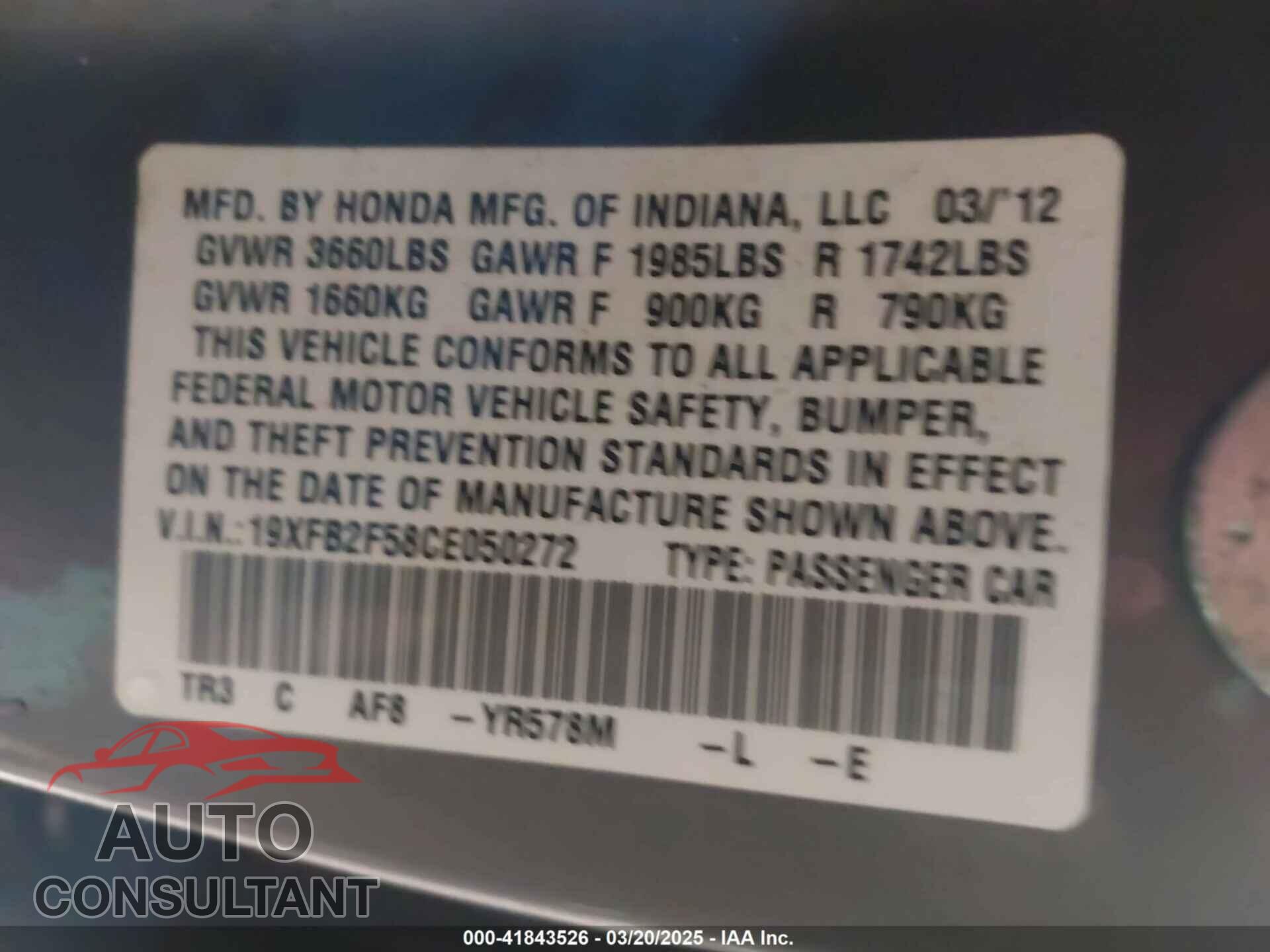 HONDA CIVIC 2012 - 19XFB2F58CE050272
