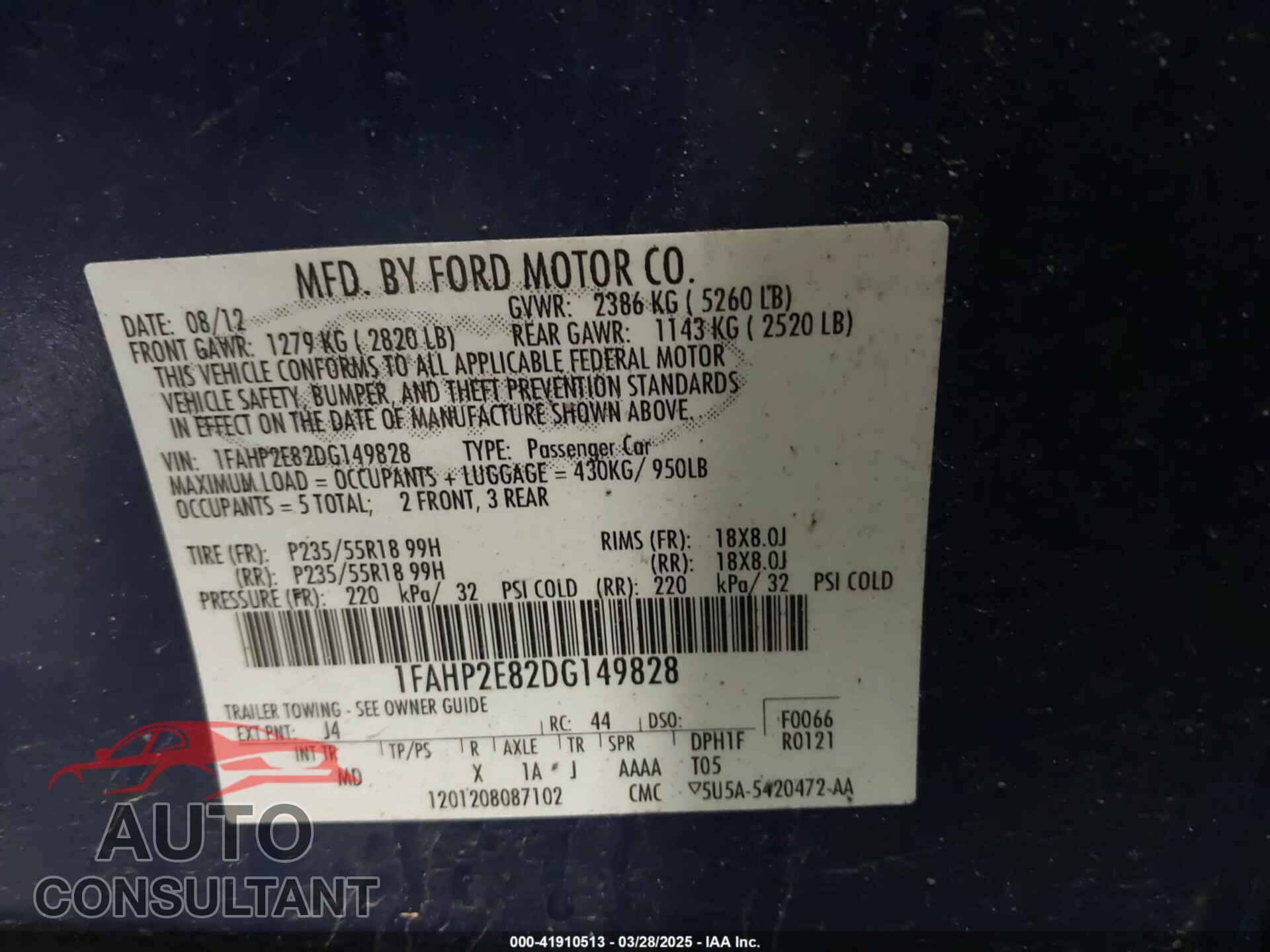 FORD TAURUS 2013 - 1FAHP2E82DG149828