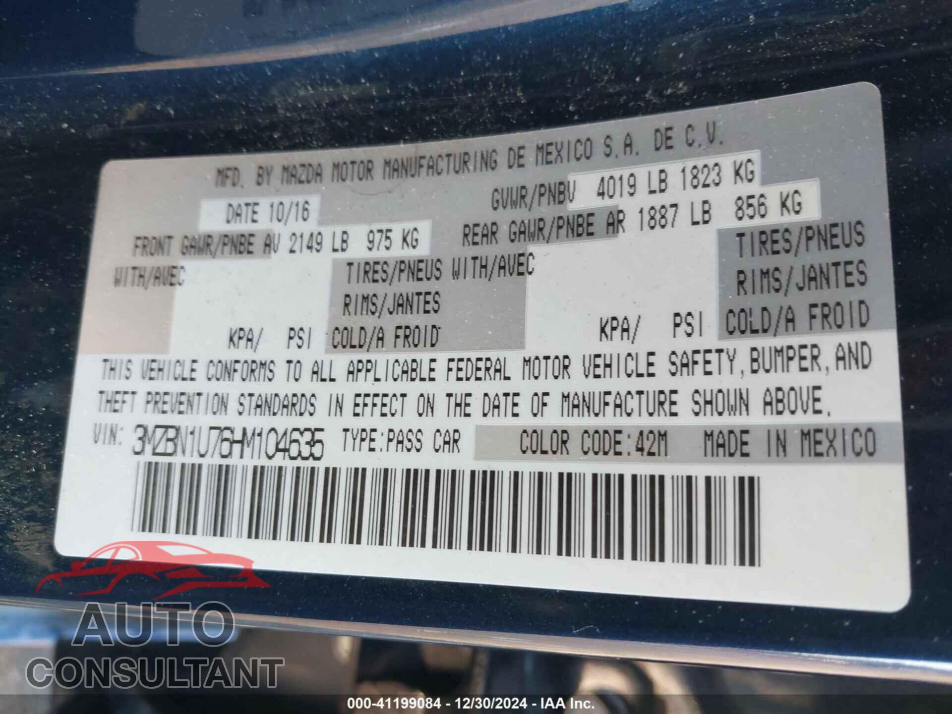 MAZDA MAZDA3 2017 - 3MZBN1U76HM104635