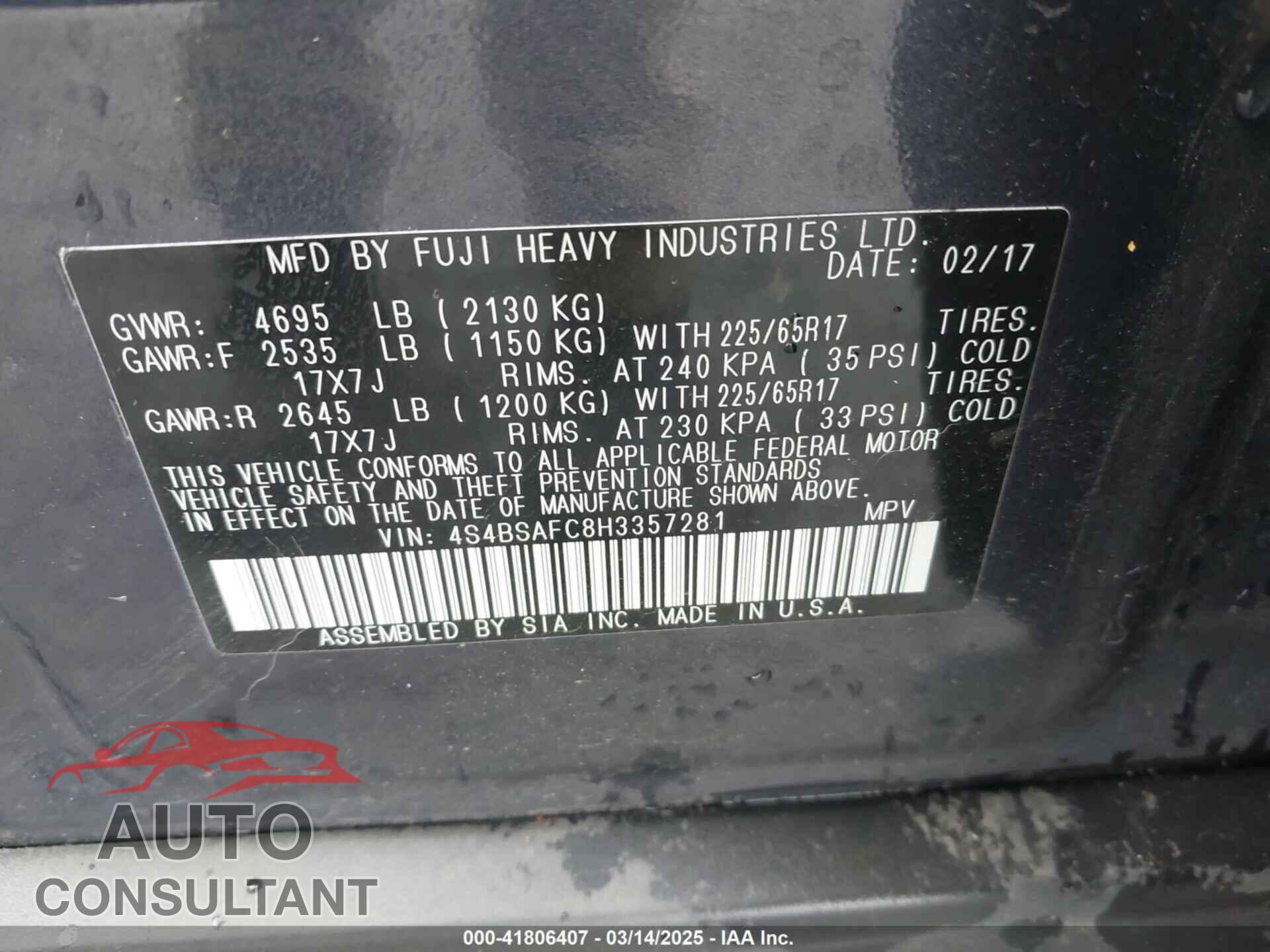 SUBARU OUTBACK 2017 - 4S4BSAFC8H3357281