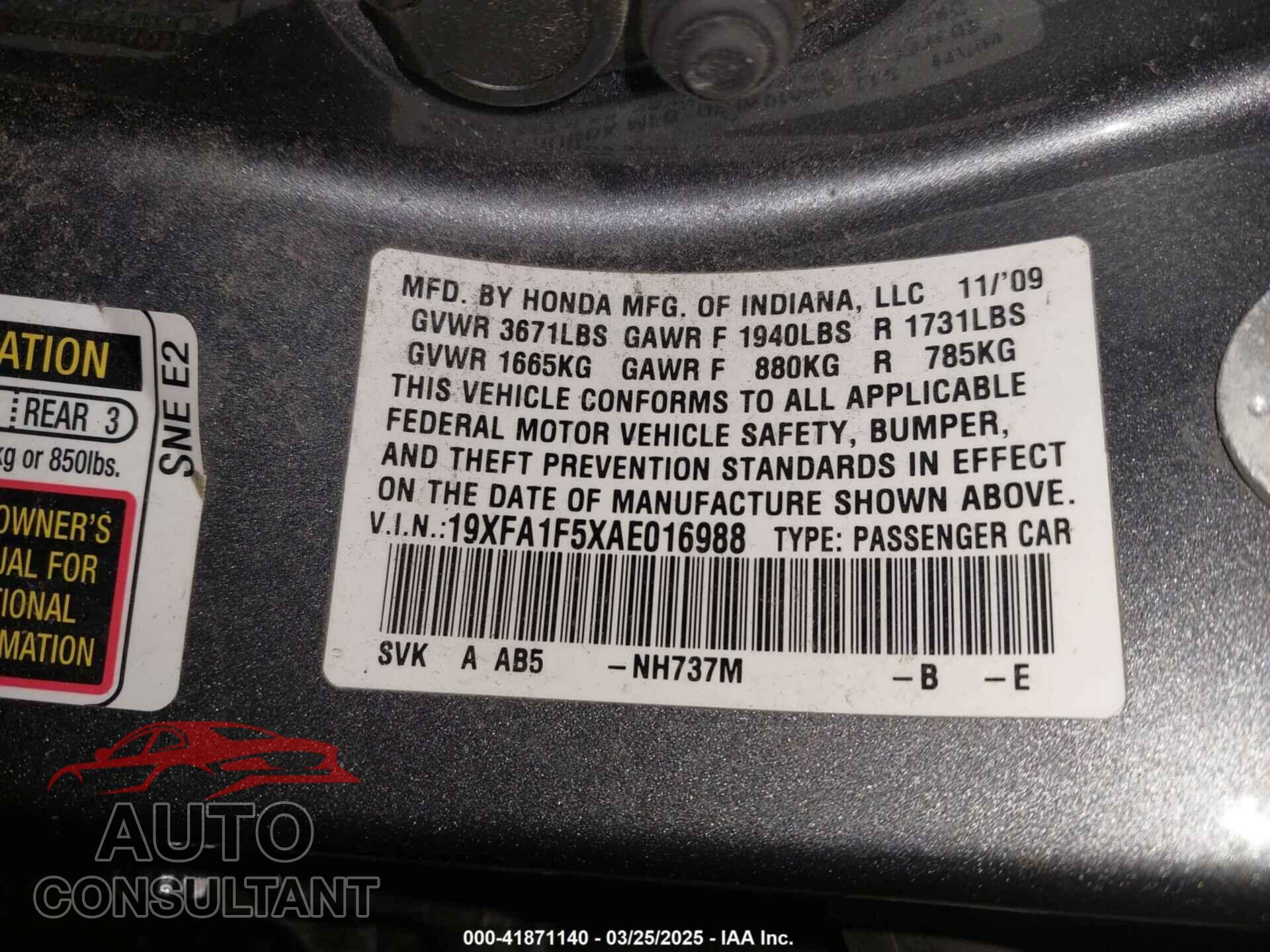 HONDA CIVIC 2010 - 19XFA1F5XAE016988