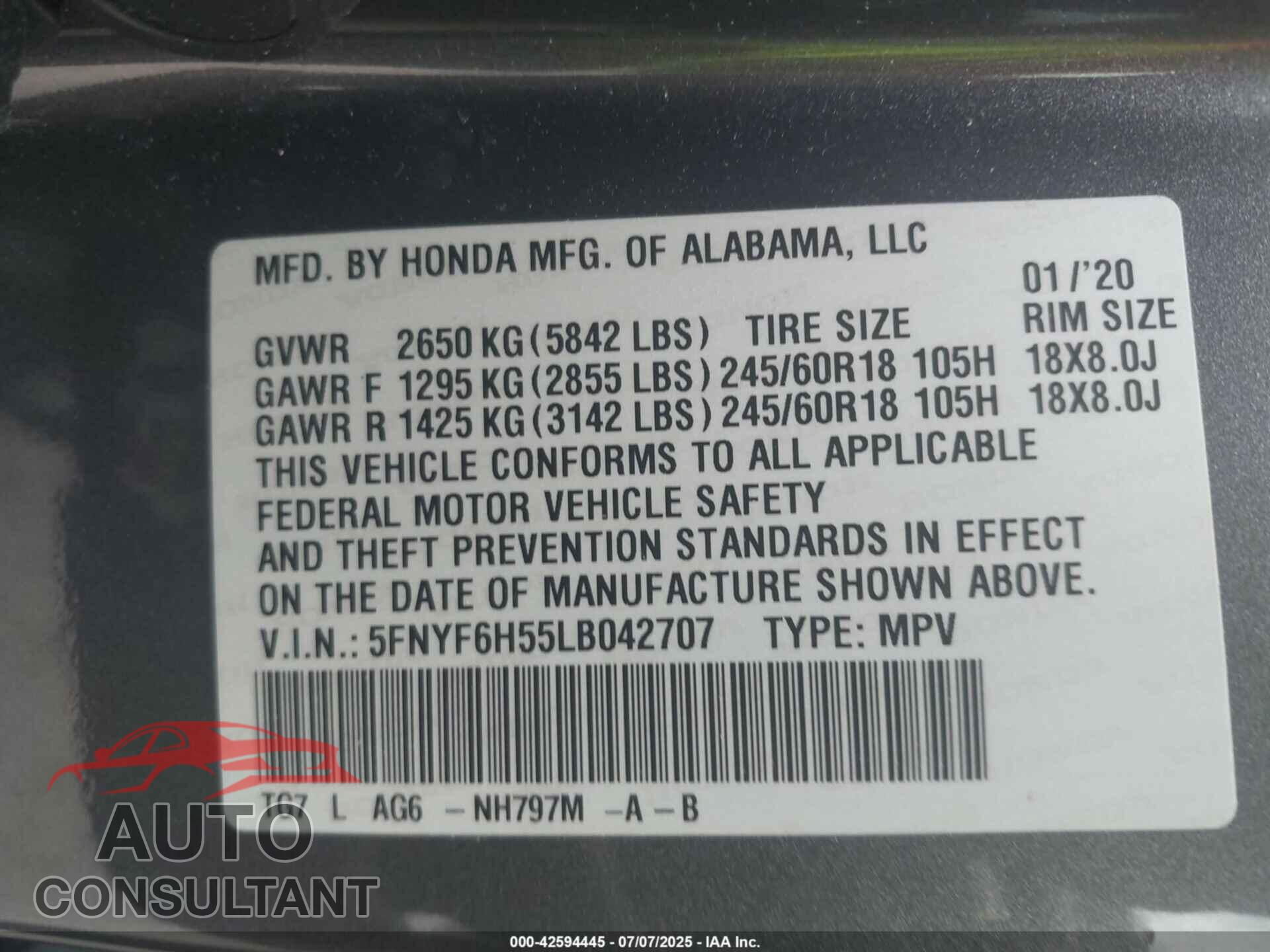 HONDA PILOT 2020 - 5FNYF6H55LB042707