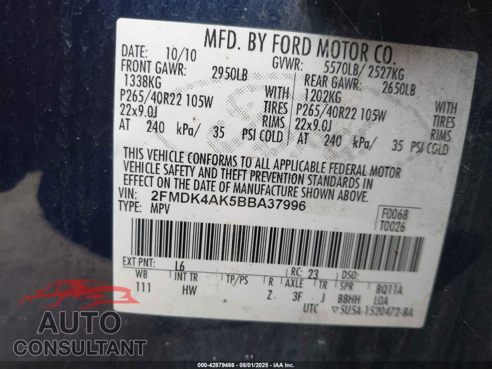 FORD EDGE 2011 - 2FMDK4AK5BBA37996