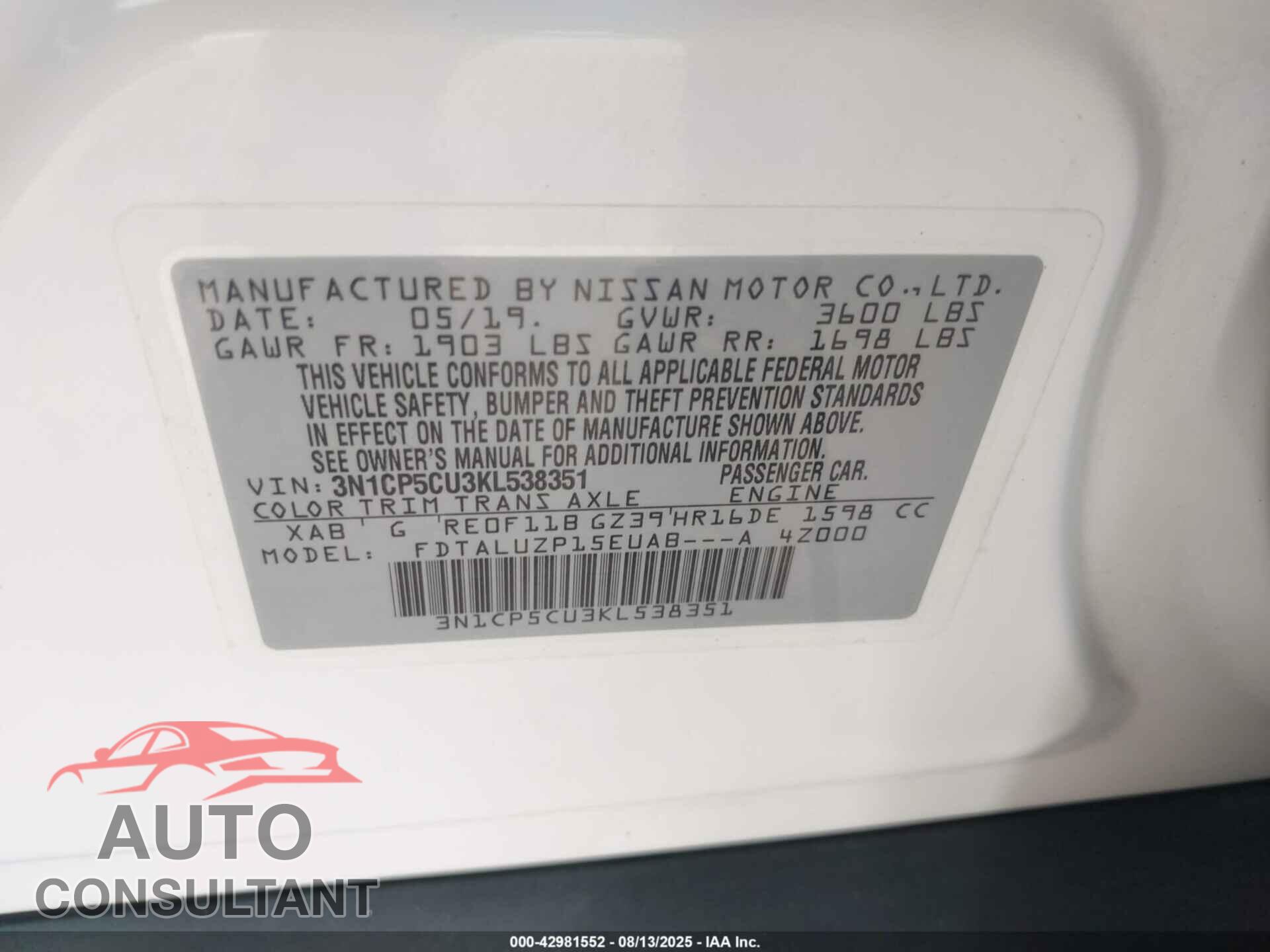 NISSAN KICKS 2019 - 3N1CP5CU3KL538351