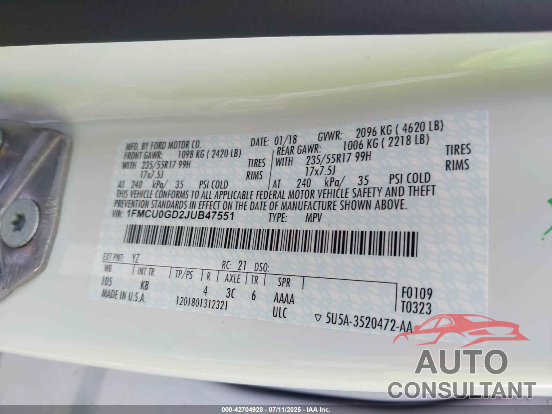 FORD ESCAPE 2018 - 1FMCU0GD2JUB47551