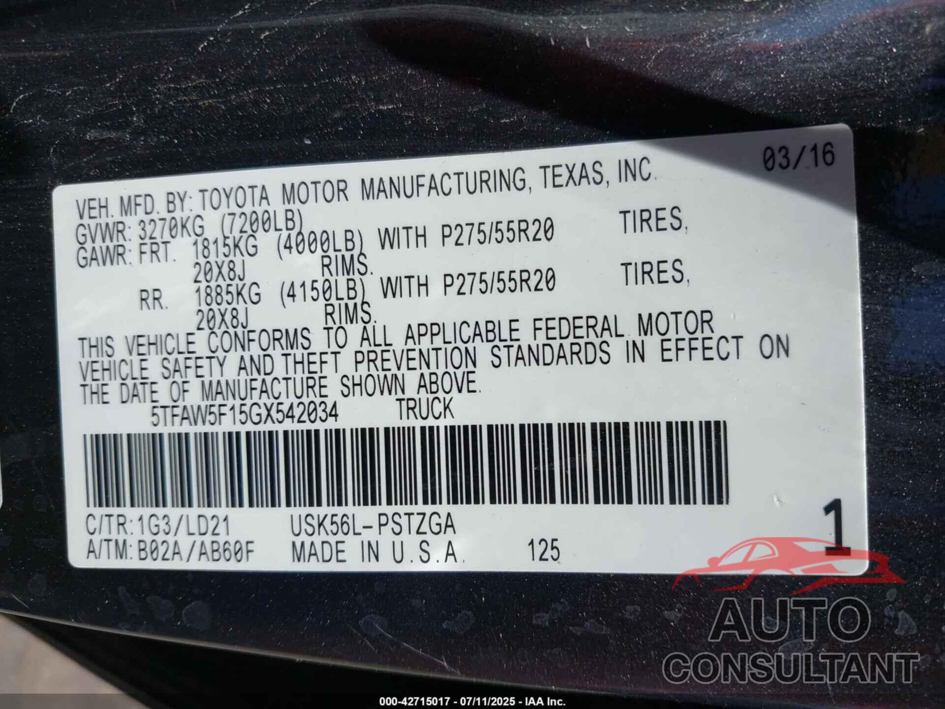 TOYOTA TUNDRA 2016 - 5TFAW5F15GX542034