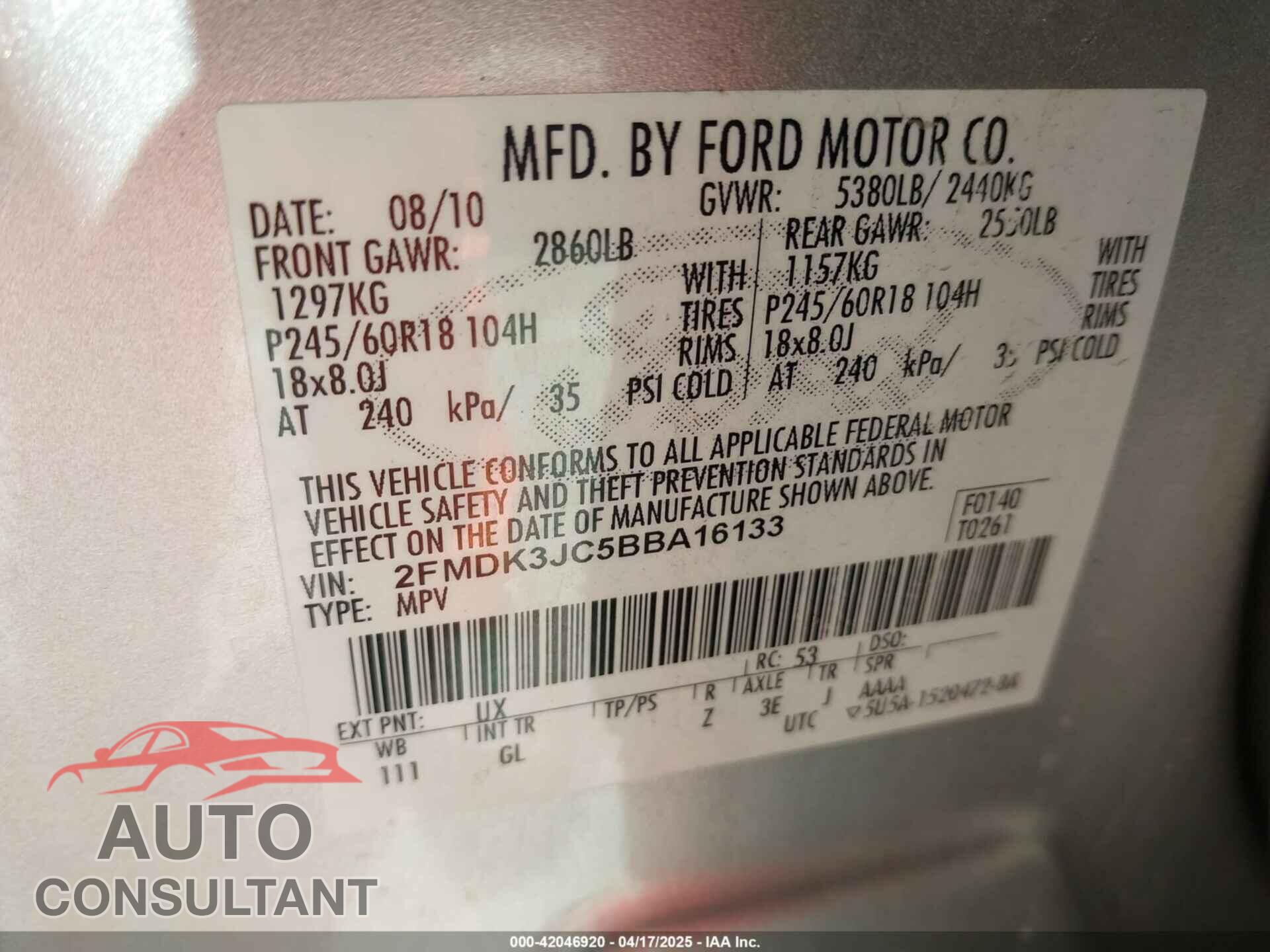 FORD EDGE 2011 - 2FMDK3JC5BBA16133