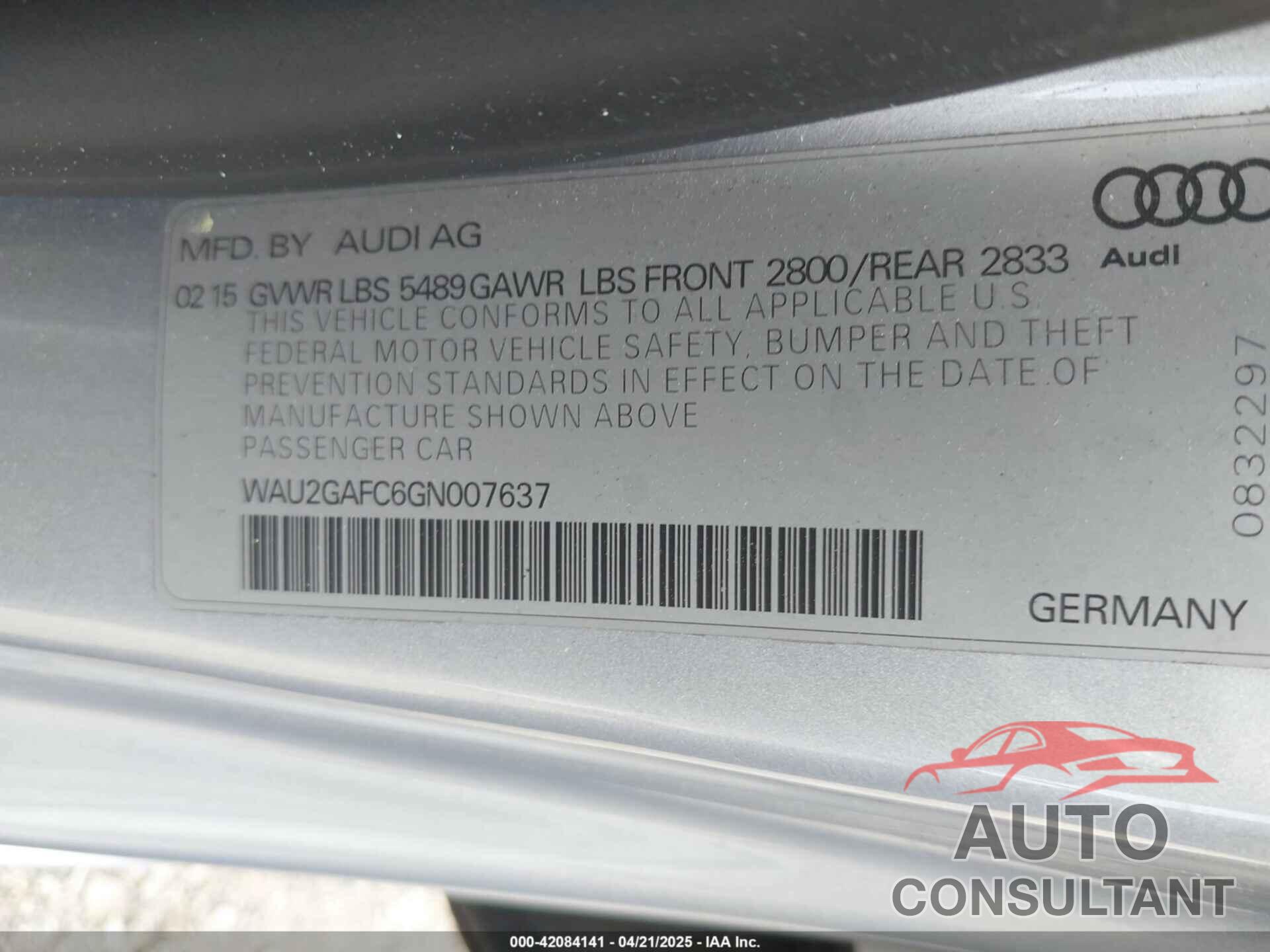 AUDI A7 2016 - WAU2GAFC6GN007637
