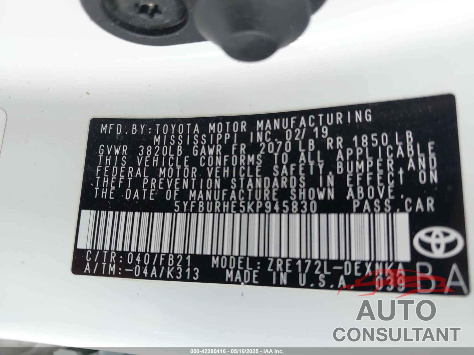 TOYOTA COROLLA 2019 - 5YFBURHE5KP945830