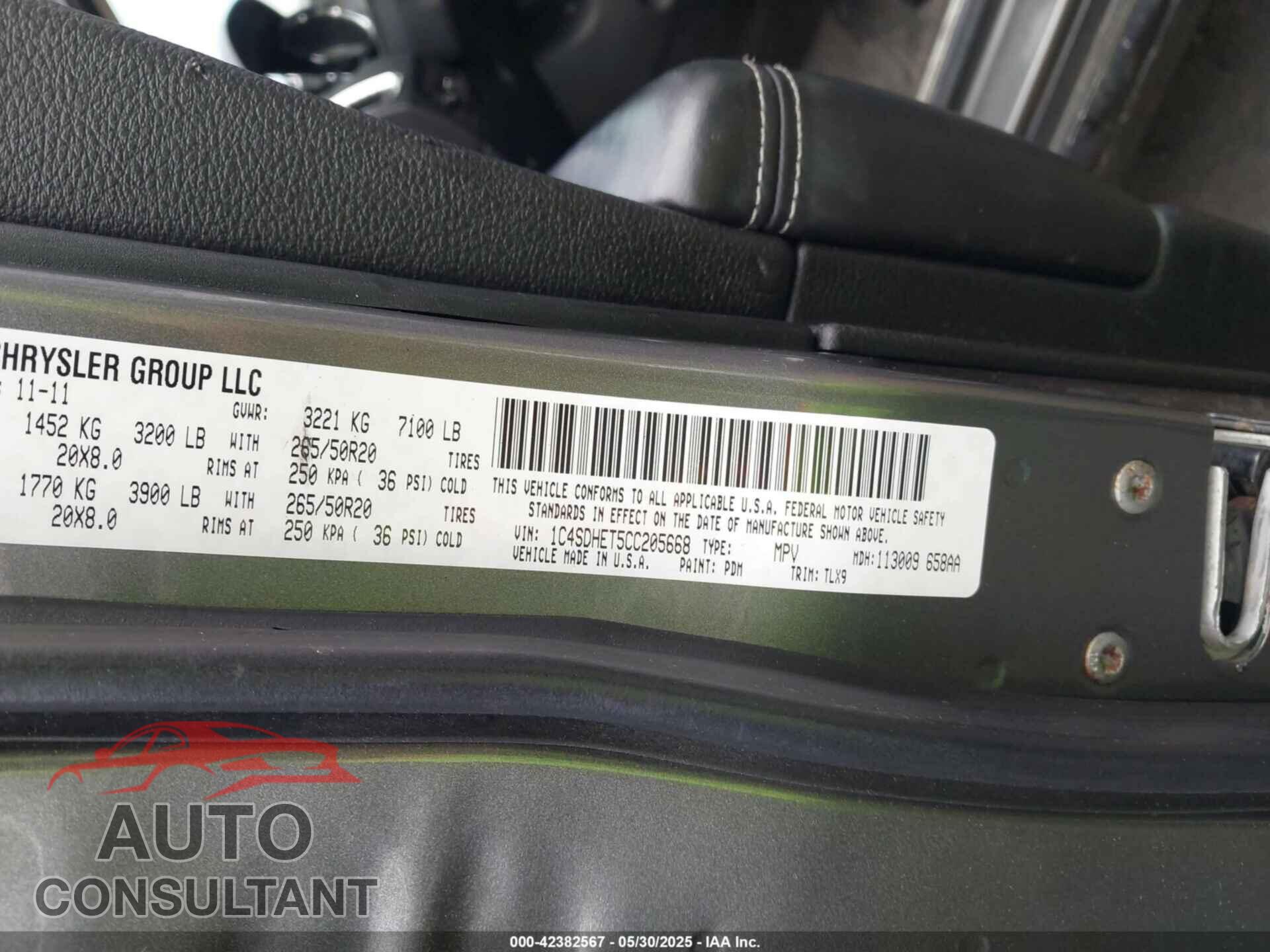 DODGE DURANGO 2012 - 1C4SDHET5CC205668