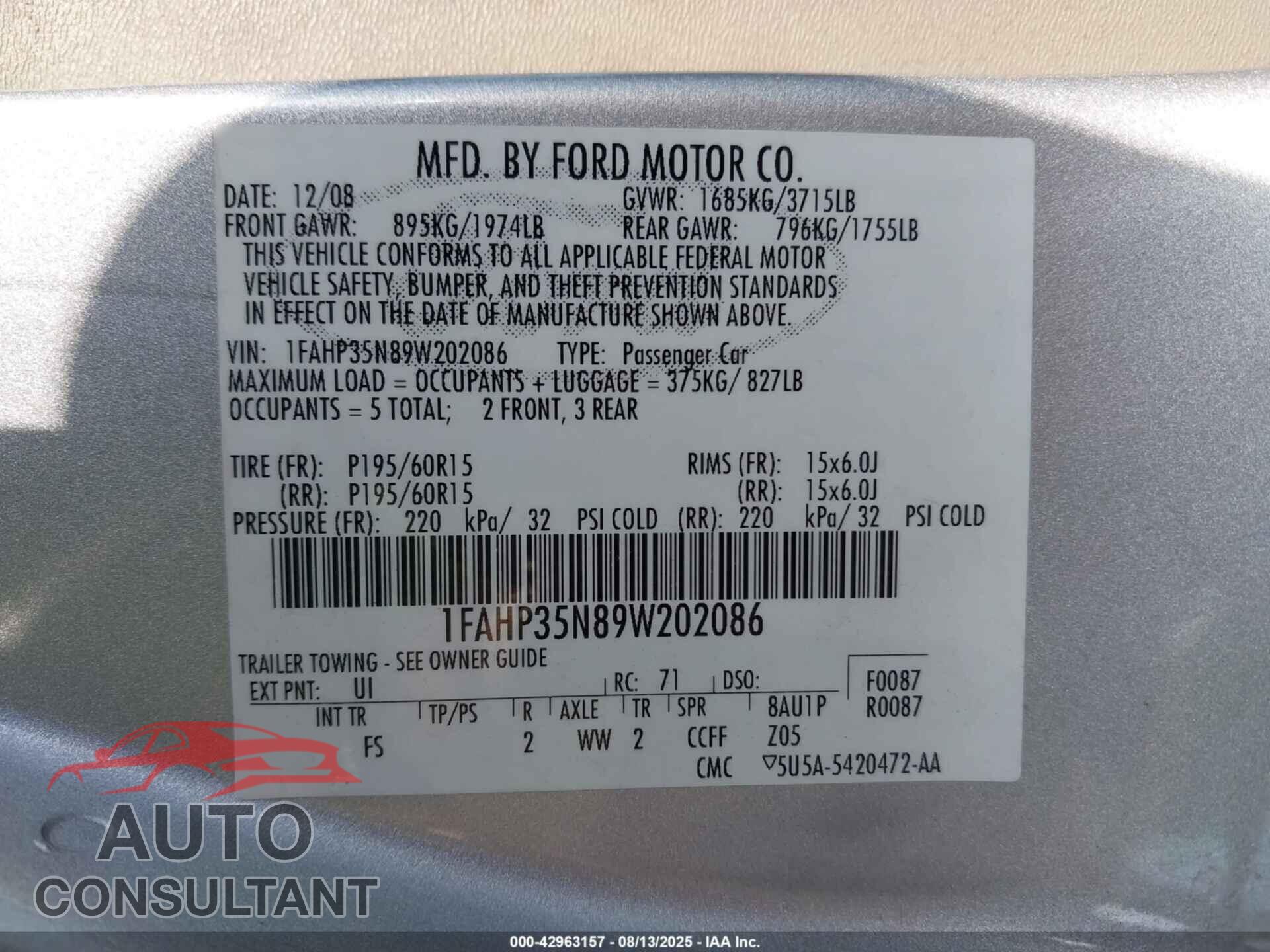 FORD FOCUS 2009 - 1FAHP35N89W202086