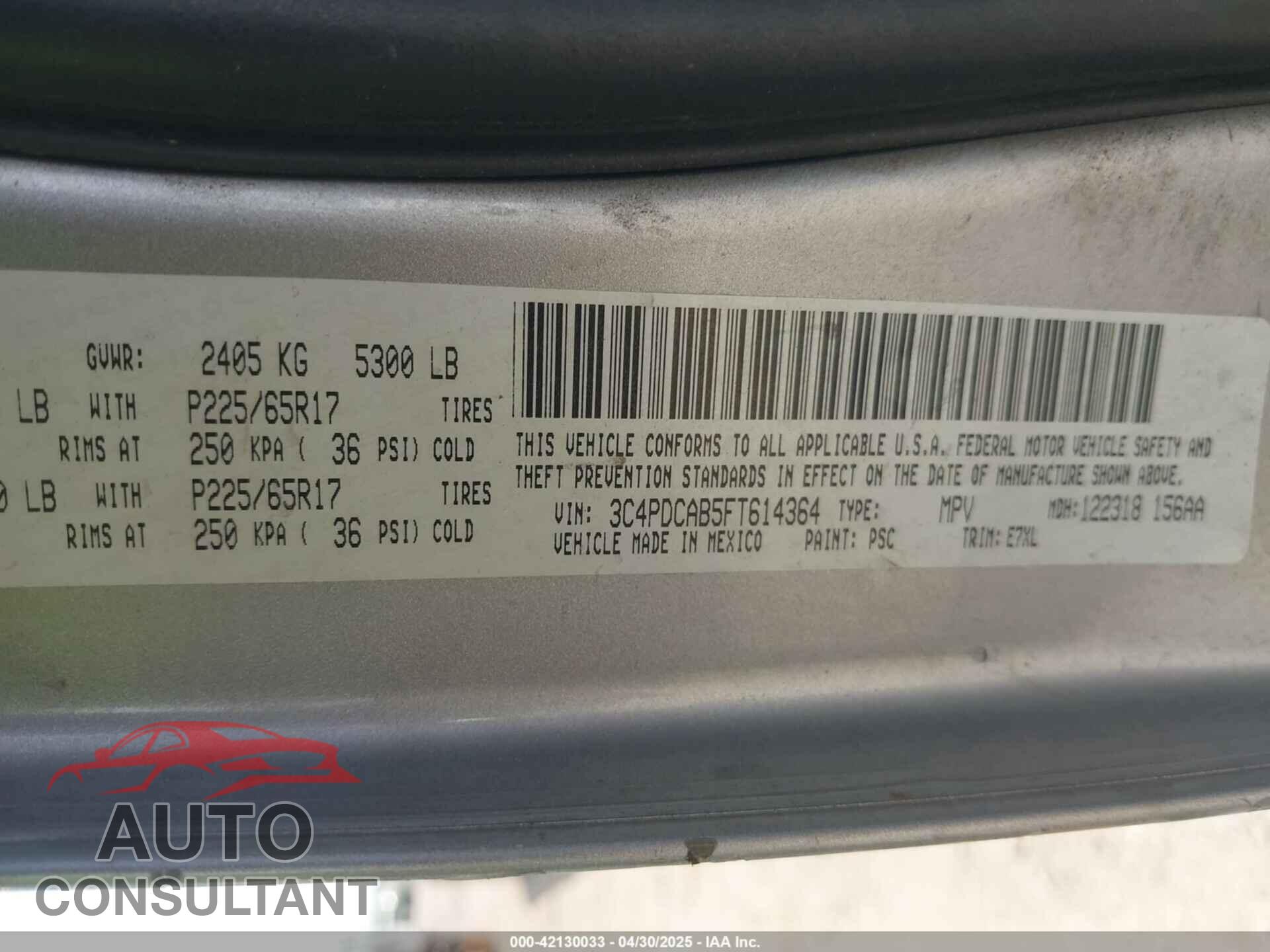 DODGE JOURNEY 2015 - 3C4PDCAB5FT614364