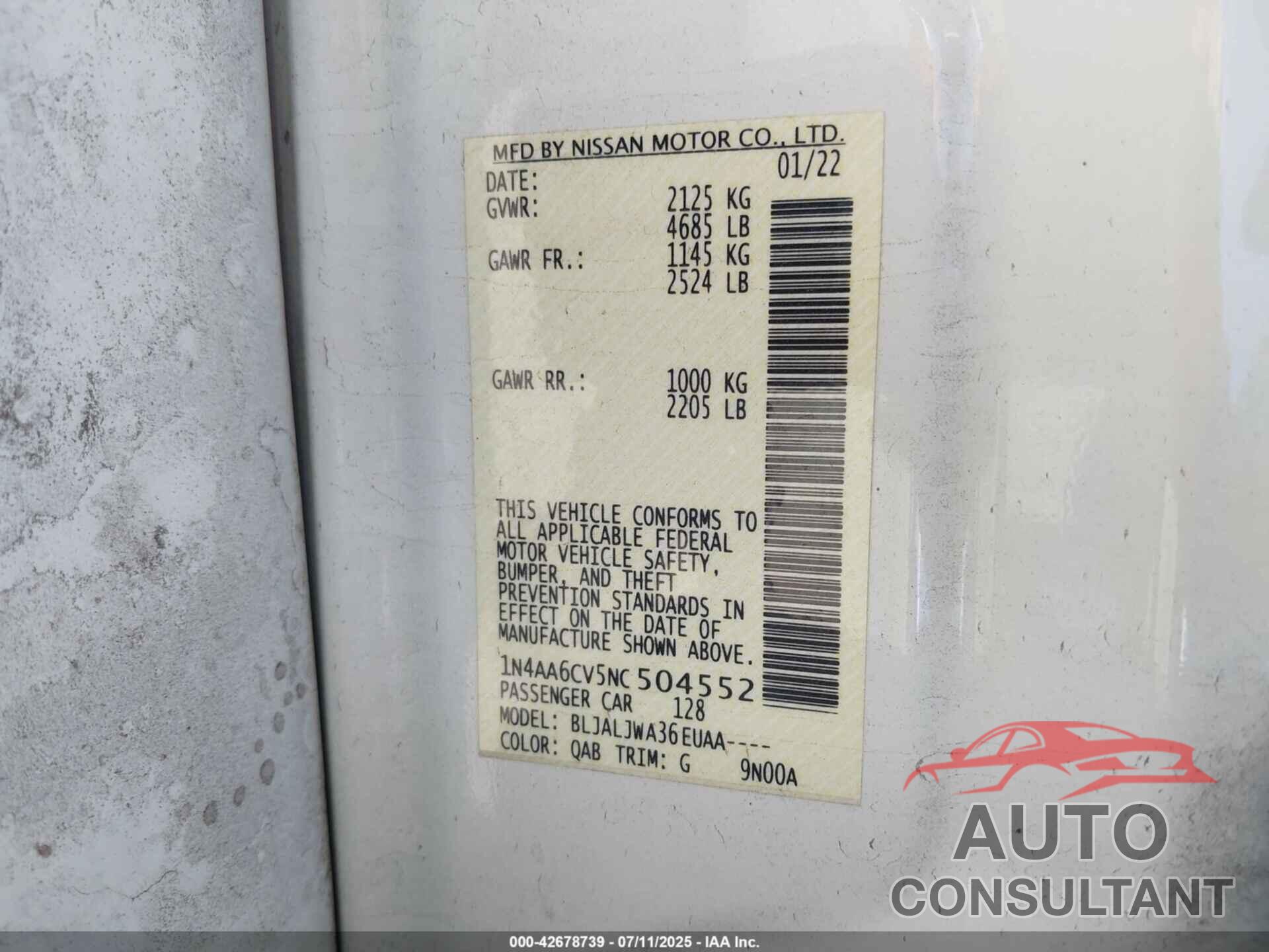 NISSAN MAXIMA 2022 - 1N4AA6CV5NC504552