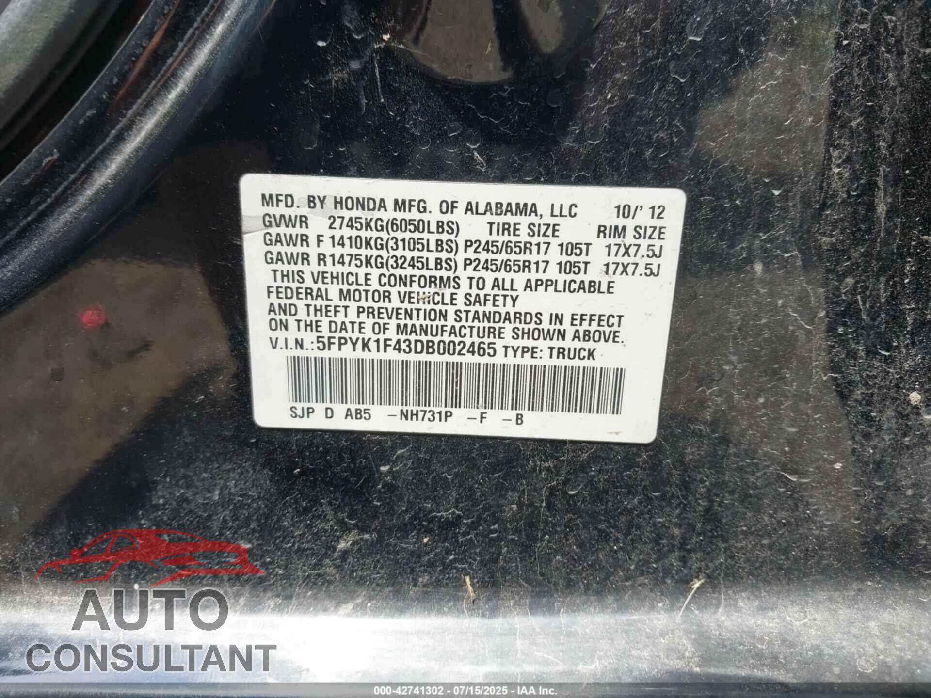 HONDA RIDGELINE 2013 - 5FPYK1F43DB002465