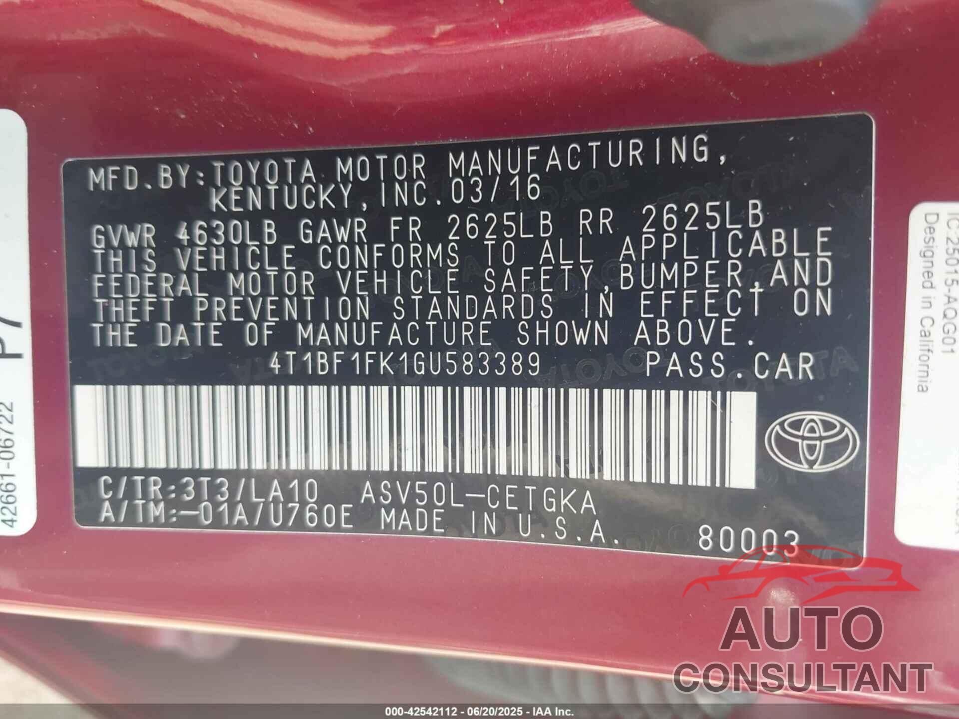 TOYOTA CAMRY 2016 - 4T1BF1FK1GU583389