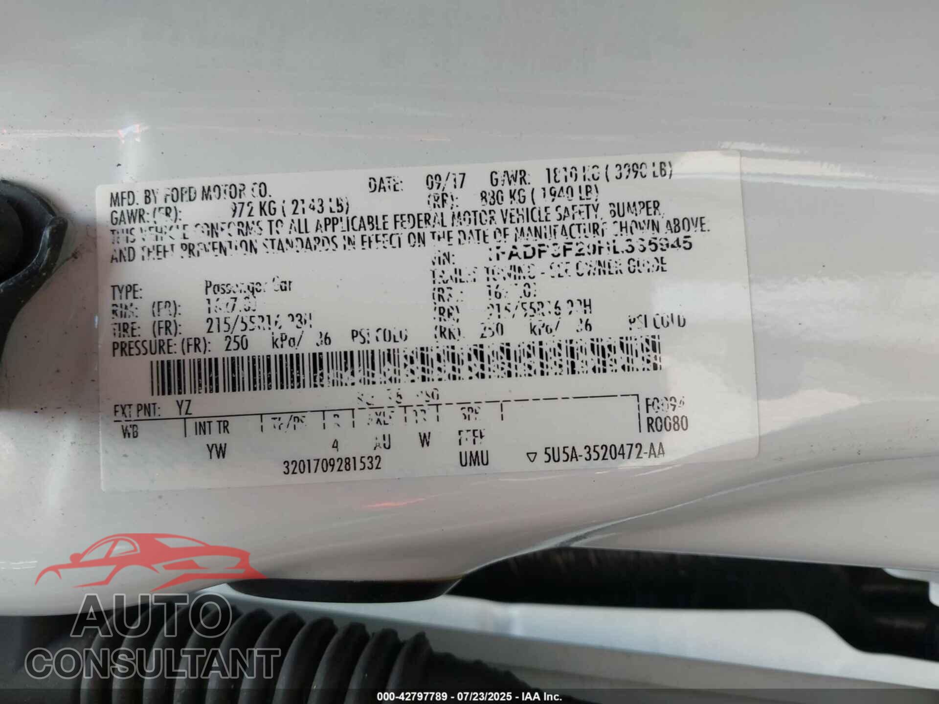 FORD FOCUS 2017 - 1FADP3F20HL335945