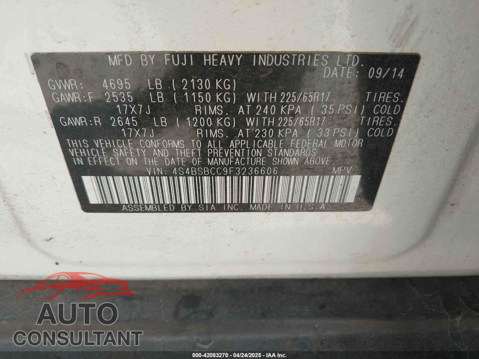 SUBARU OUTBACK 2015 - 4S4BSBCC9F3236606