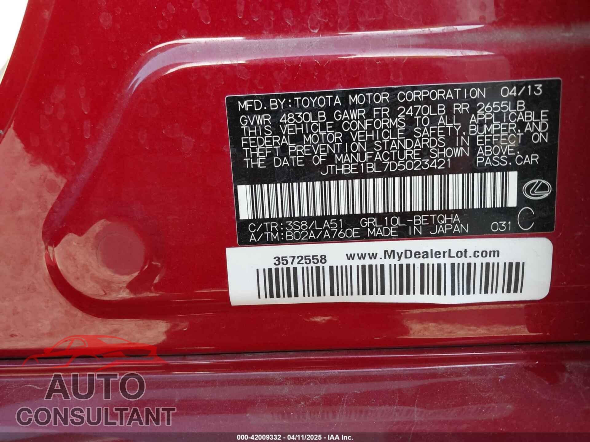 LEXUS GS 350 2013 - JTHBE1BL7D5023421