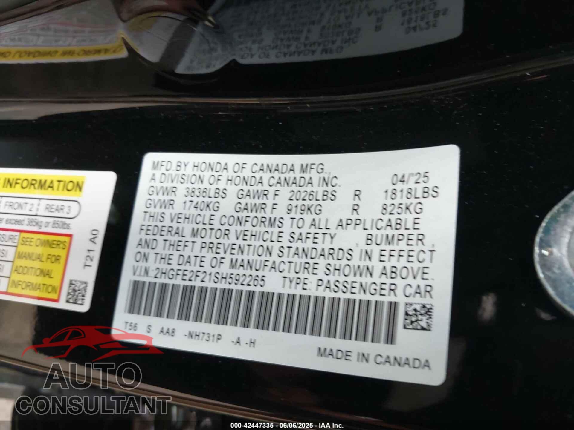 HONDA CIVIC 2025 - 2HGFE2F21SH592265