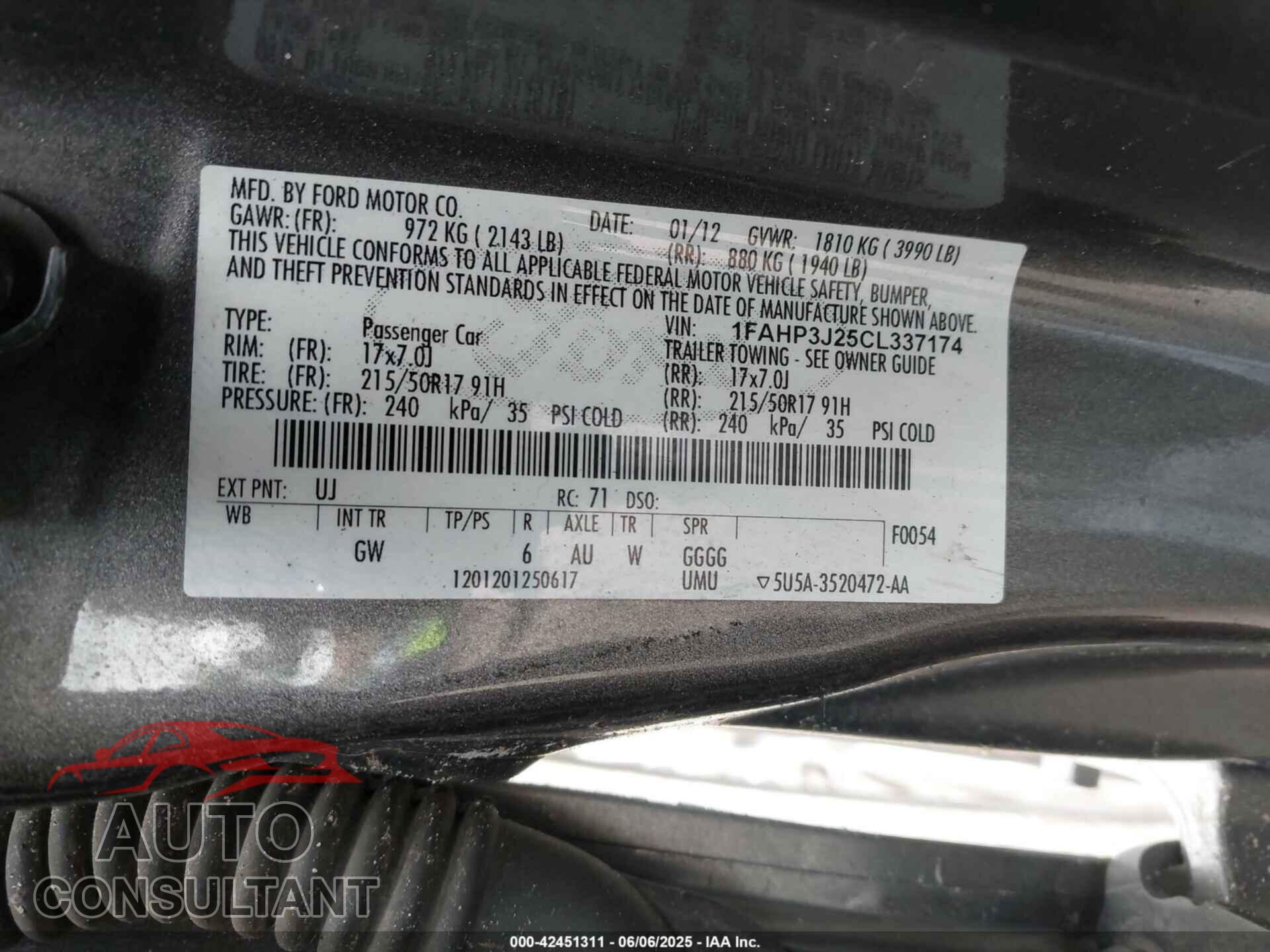 FORD FOCUS 2012 - 1FAHP3J25CL337174