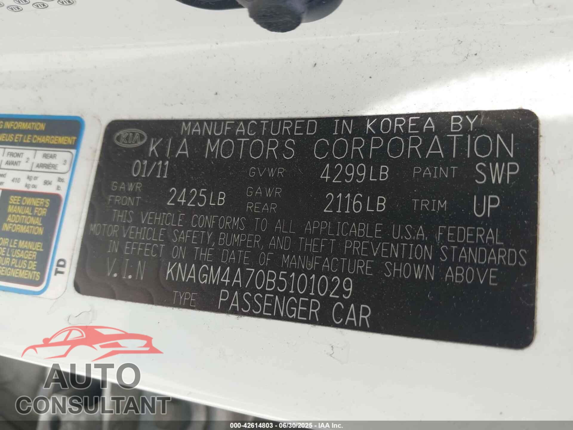 KIA OPTIMA 2011 - KNAGM4A70B5101029