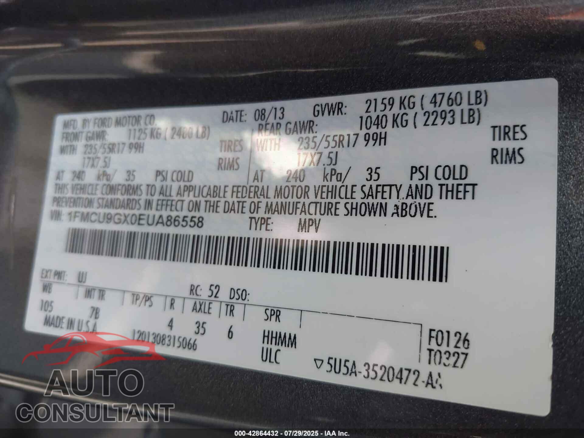FORD ESCAPE 2014 - 1FMCU9GX0EUA86558