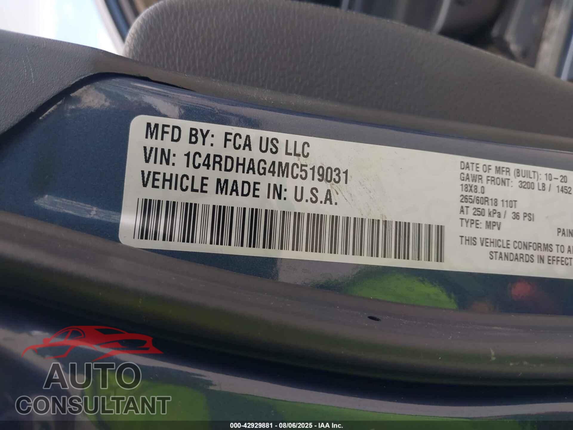 DODGE DURANGO 2021 - 1C4RDHAG4MC519031