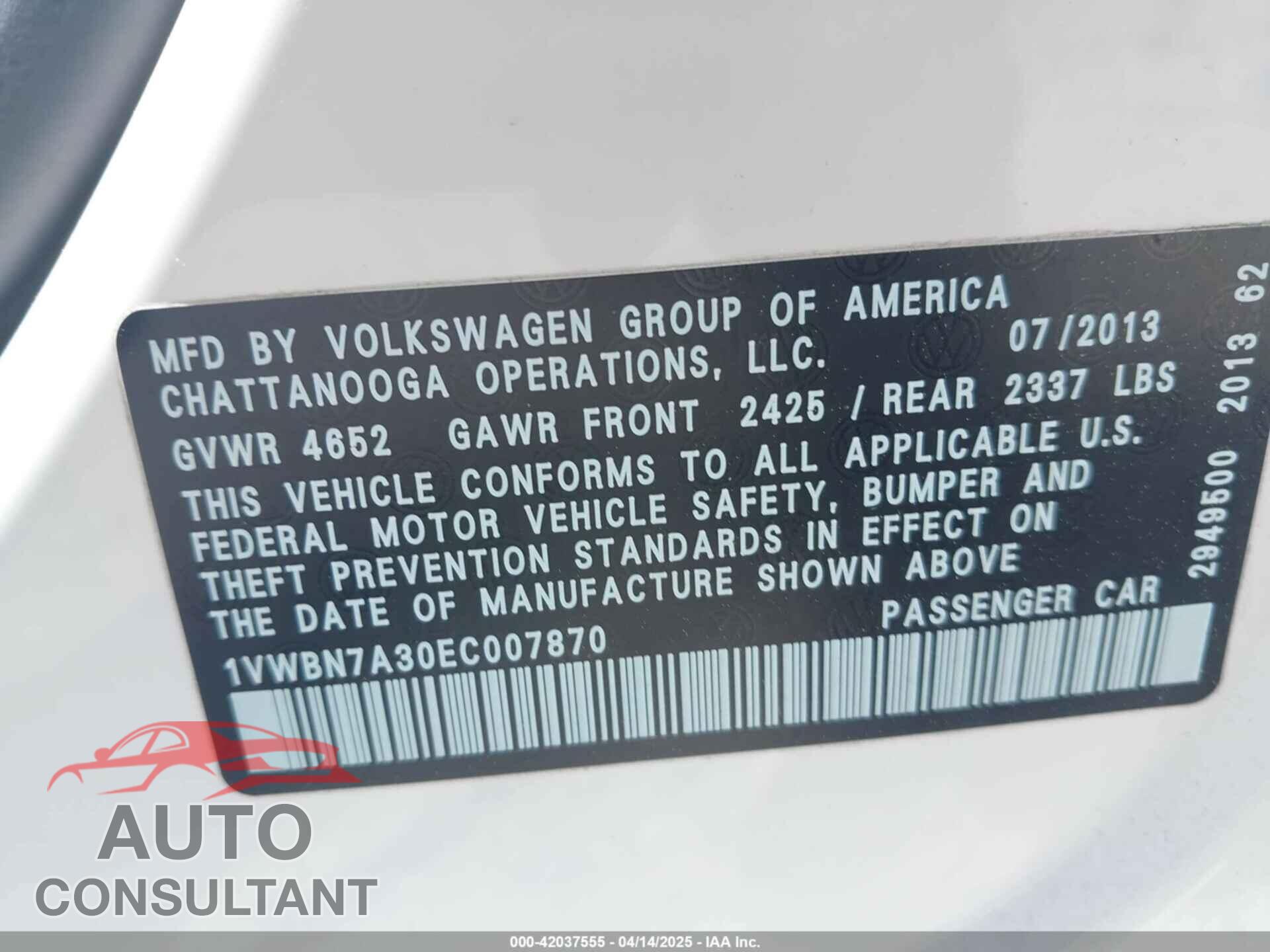 VOLKSWAGEN PASSAT 2014 - 1VWBN7A30EC007870