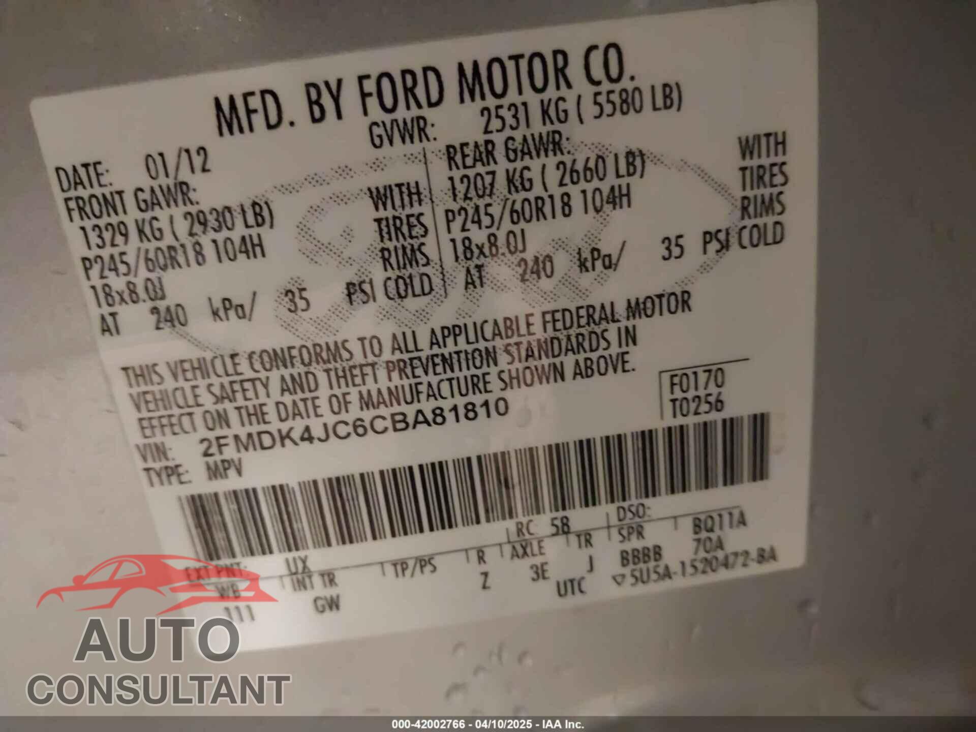 FORD EDGE 2012 - 2FMBK4JC6CBA81810