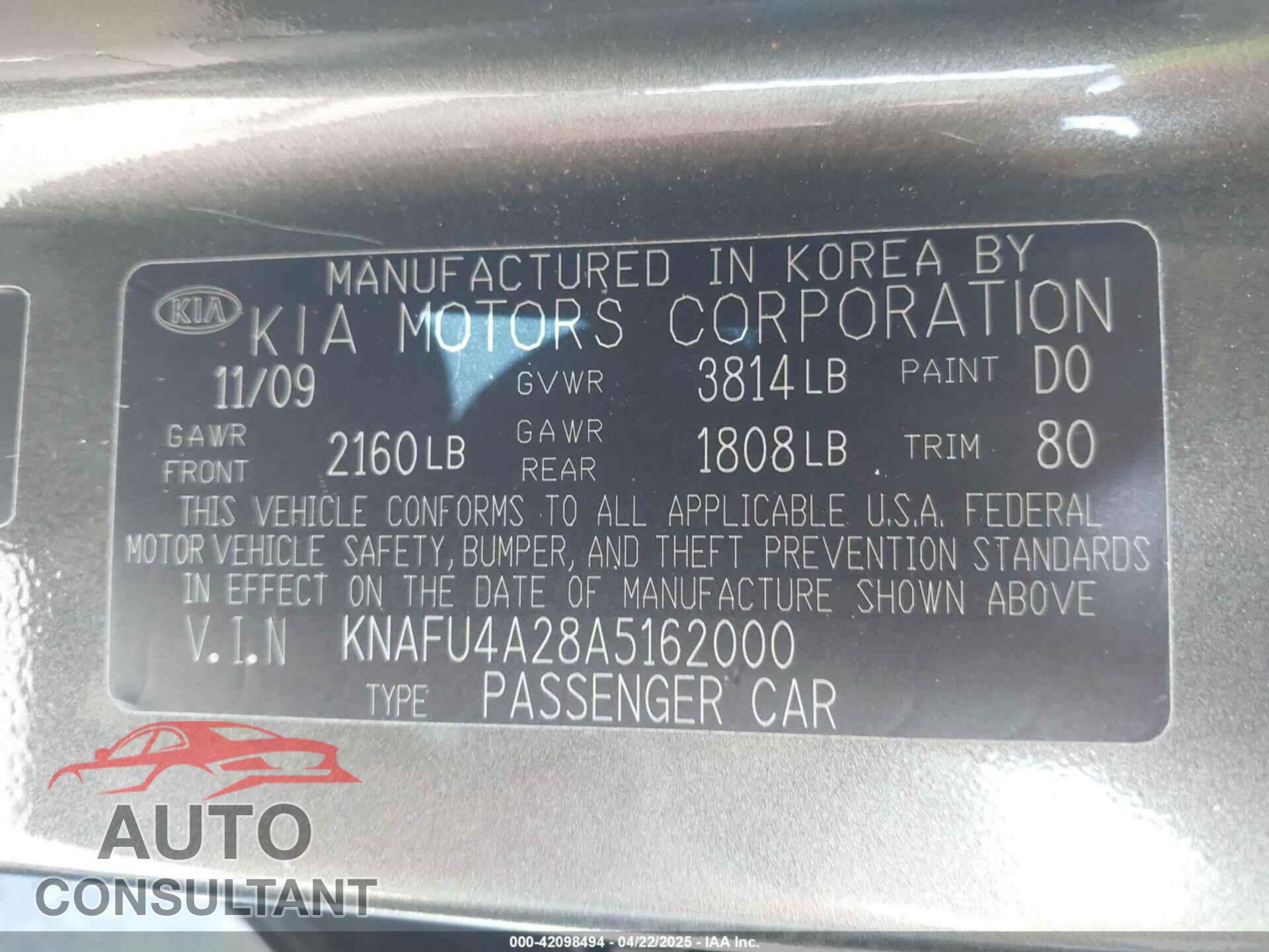 KIA FORTE 2010 - KNAFU4A28A5162000