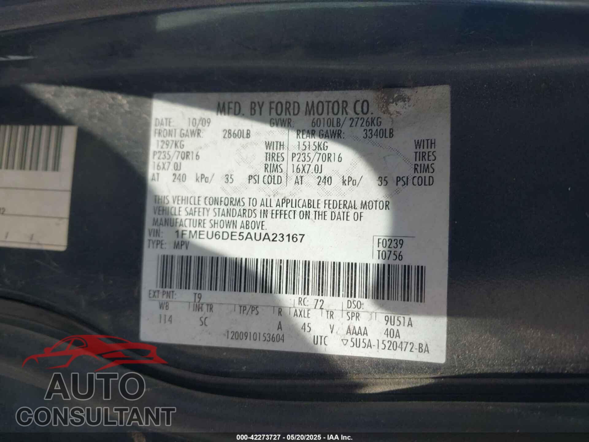 FORD EXPLORER 2010 - 1FMEU6DE5AUA23167