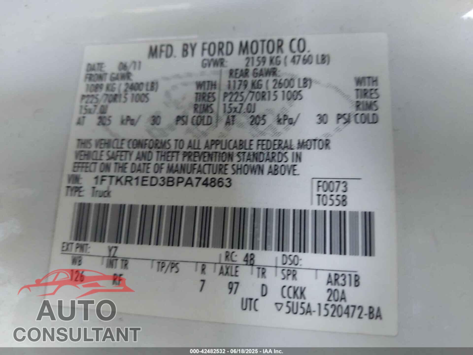 FORD RANGER 2011 - 1FTKR1ED3BPA74863