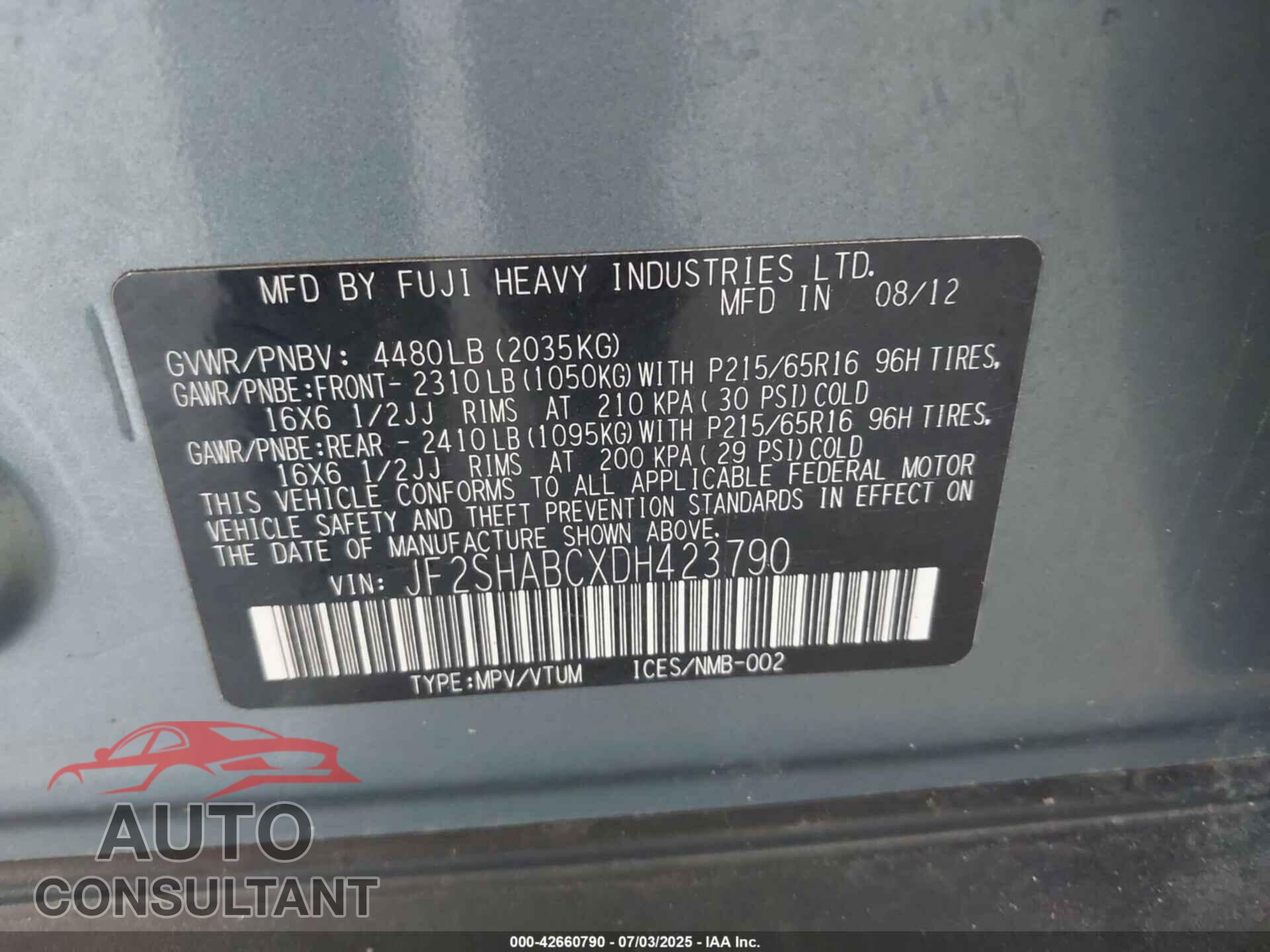 SUBARU FORESTER 2013 - JF2SHABCXDH423790