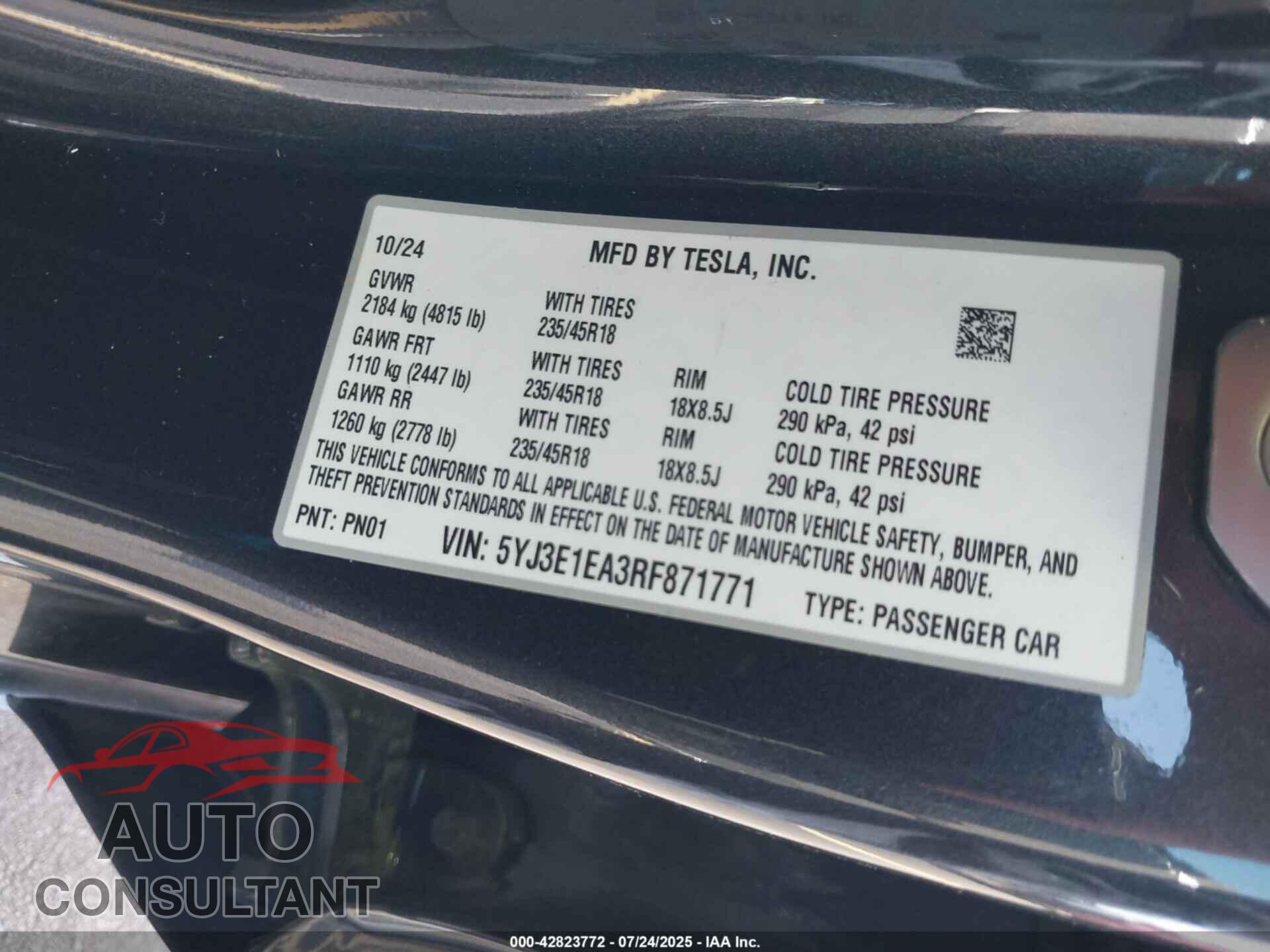 TESLA MODEL 3 2024 - 5YJ3E1EA3RF871771