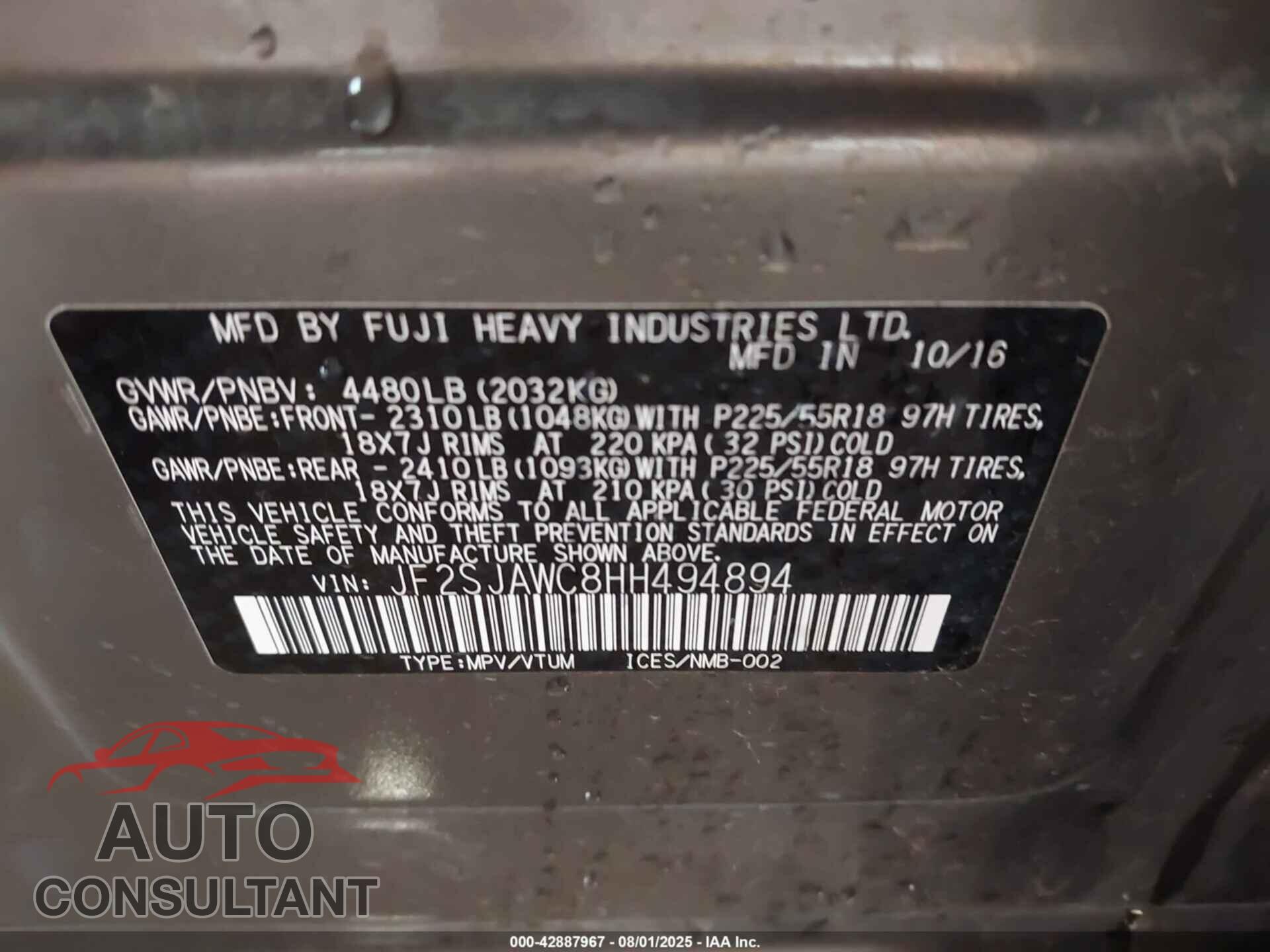 SUBARU FORESTER 2017 - JF2SJAWC8HH494894