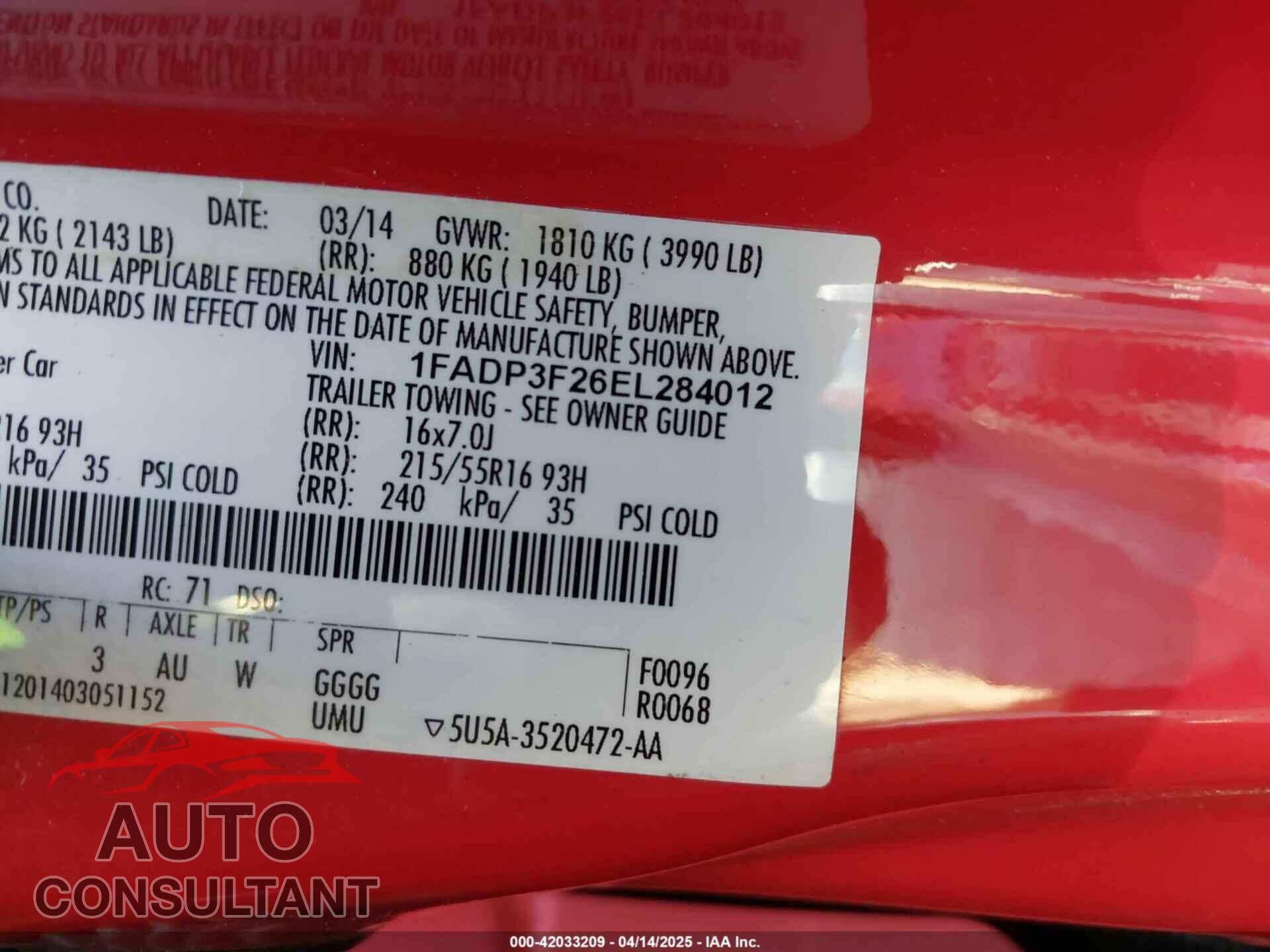 FORD FOCUS 2014 - 1FADP3F26EL284012