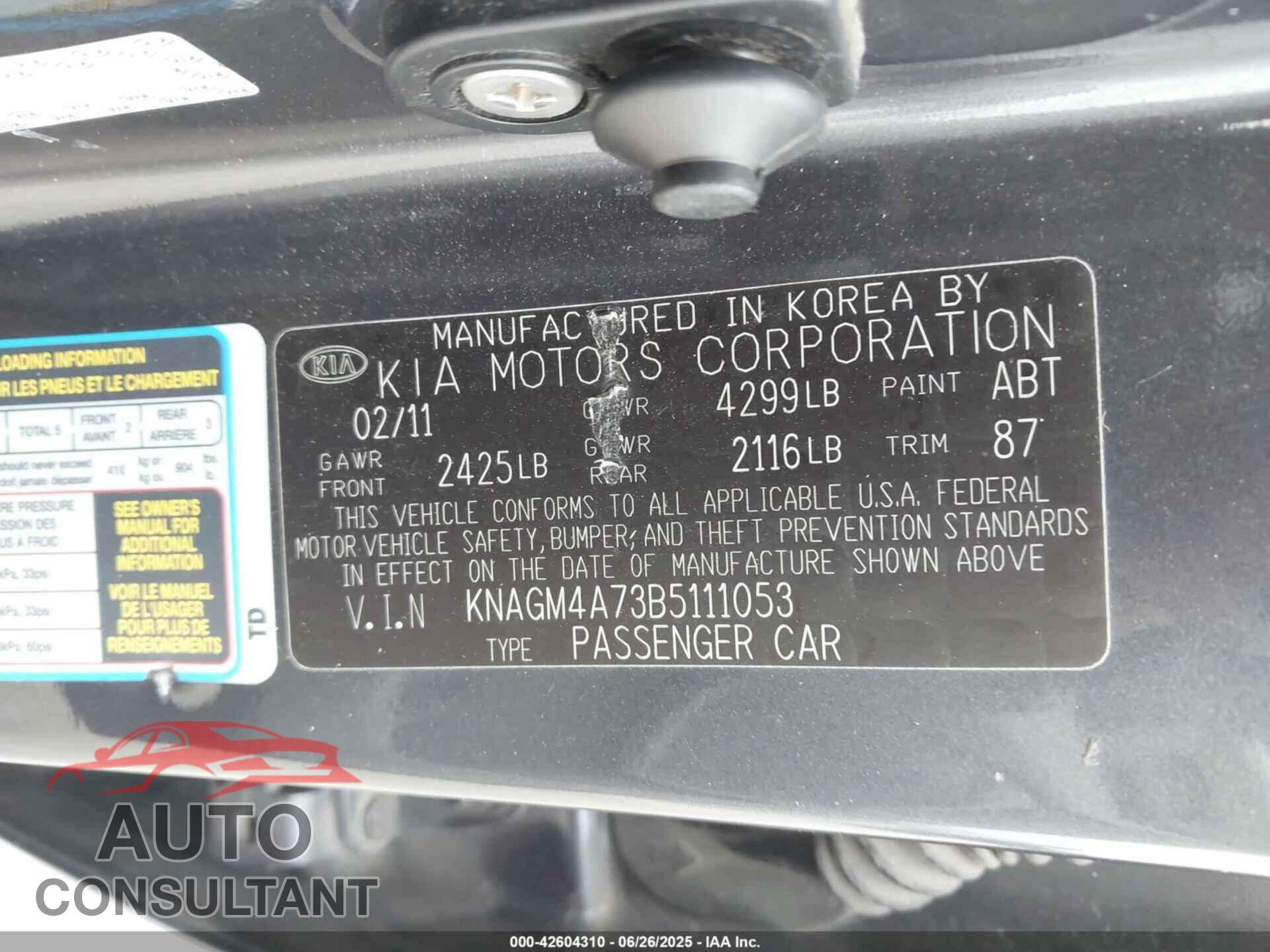 KIA OPTIMA 2011 - KNAGM4A73B5111053