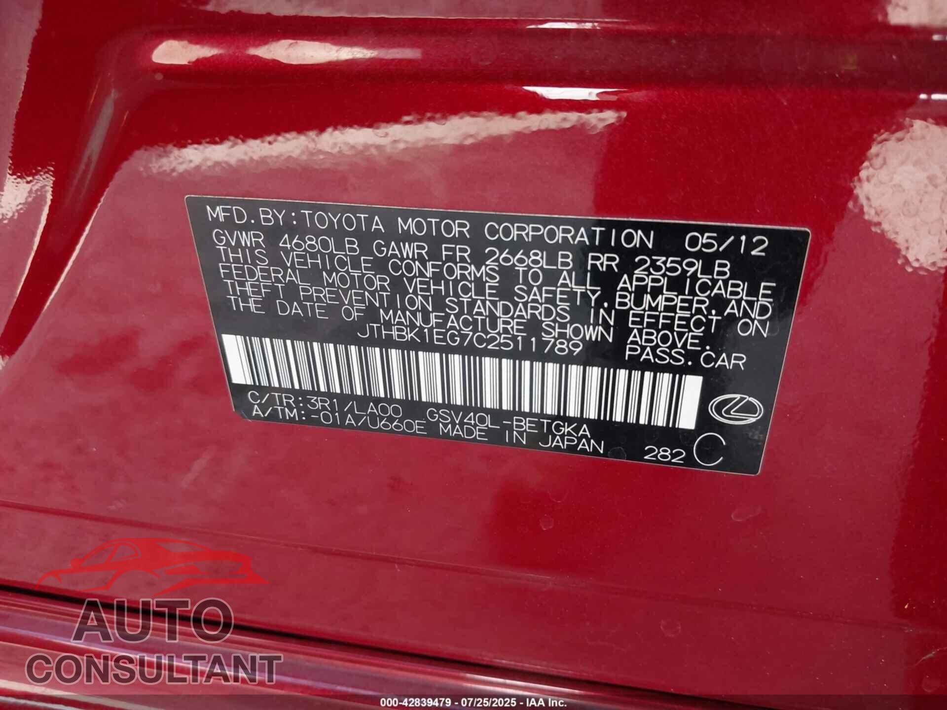 LEXUS ES 350 2012 - JTHBK1EG7C2511789