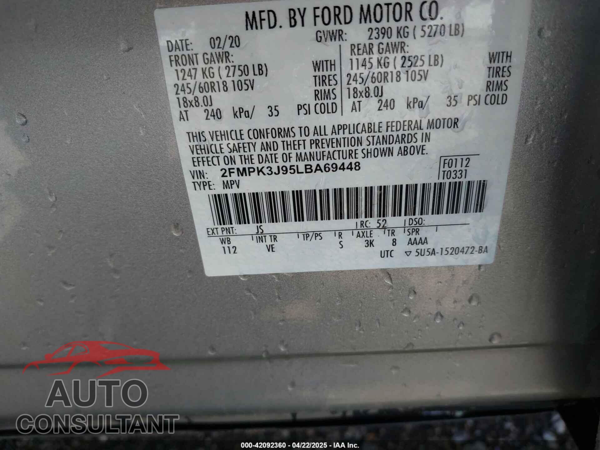 FORD EDGE 2020 - 2FMPK3J95LBA69448