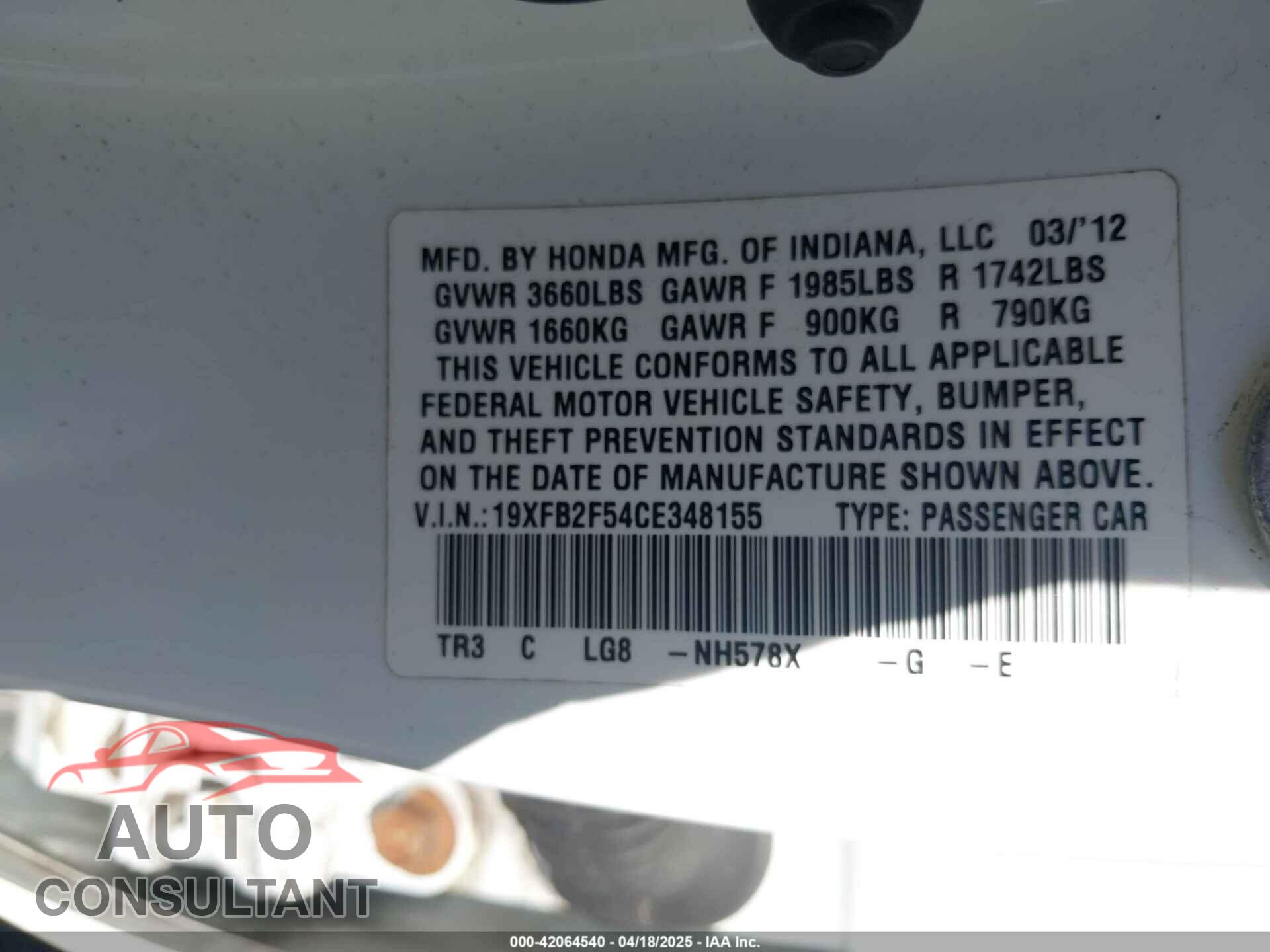 HONDA CIVIC 2012 - 19XFB2F54CE348155