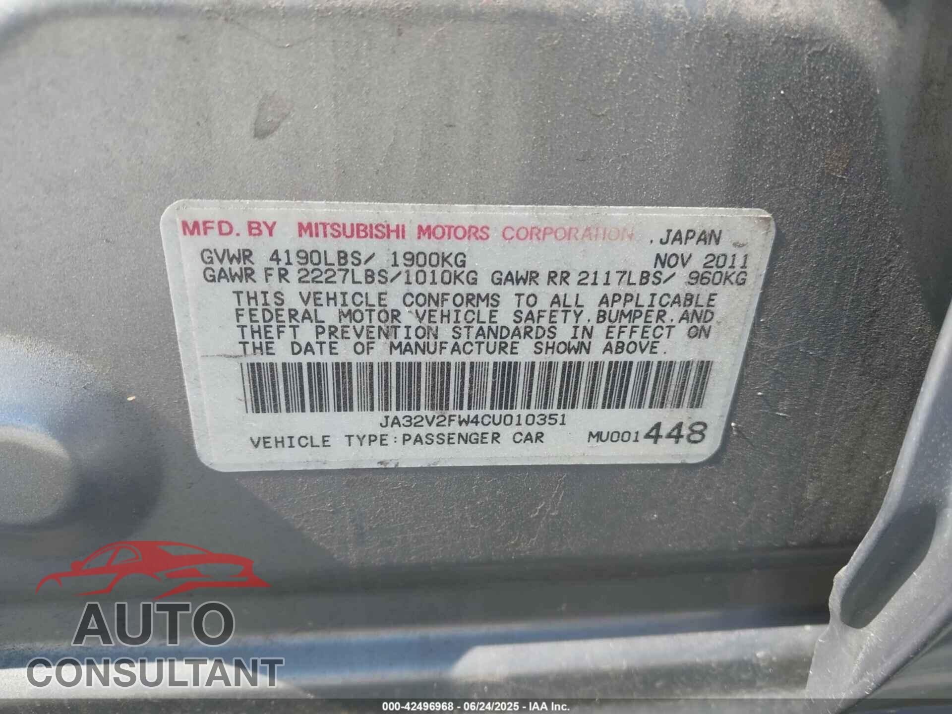 MITSUBISHI LANCER 2012 - JA32V2FW4CU010351