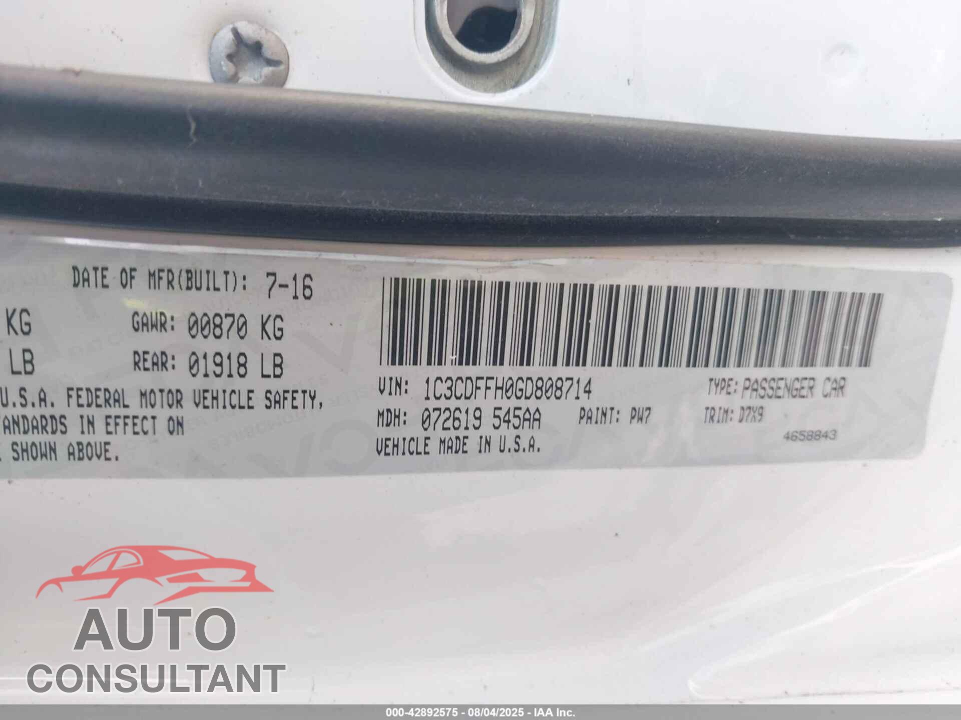 DODGE DART 2016 - 1C3CDFFH0GD808714