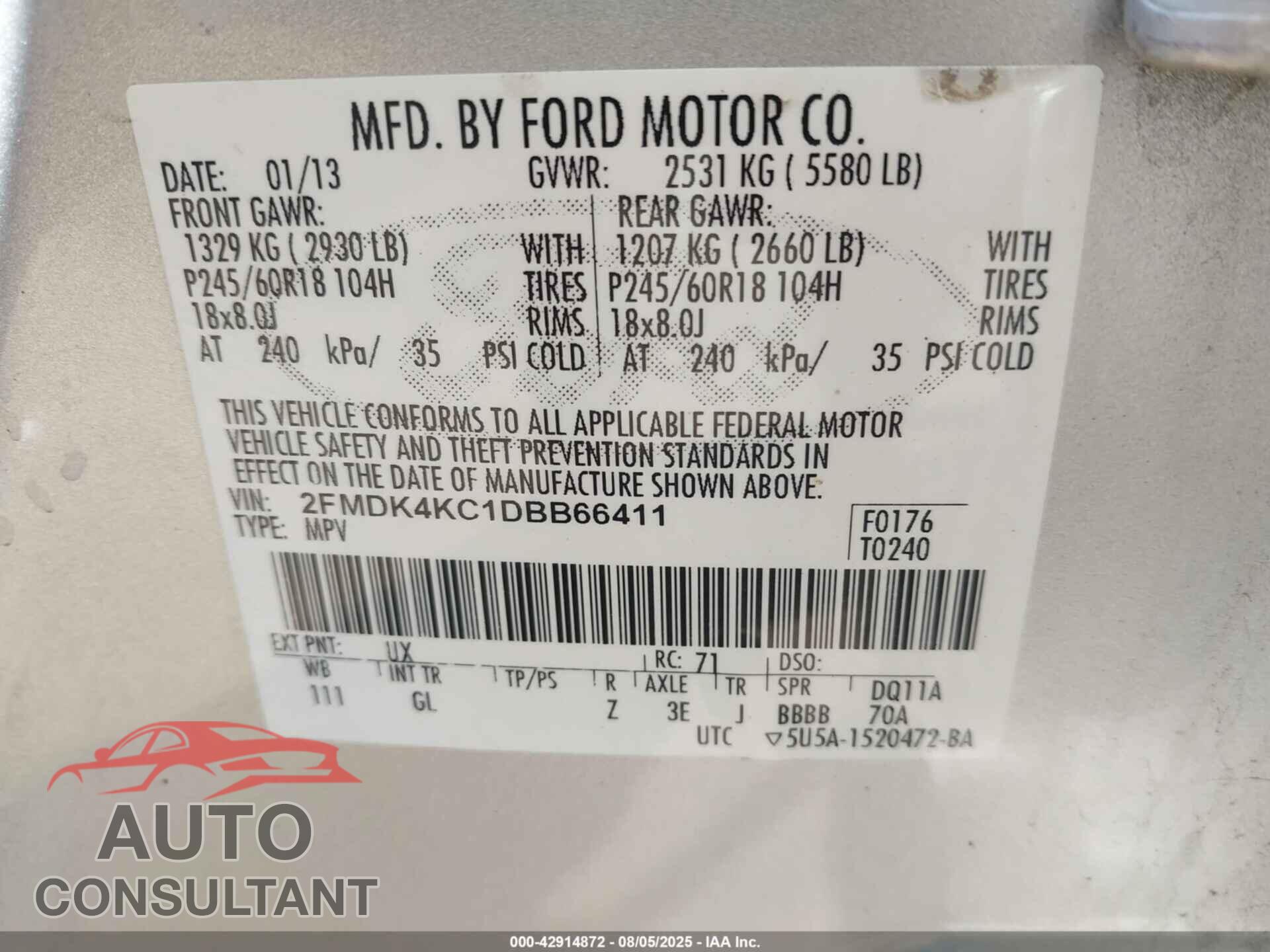 FORD EDGE 2013 - 2FMDK4KC1DBB66411