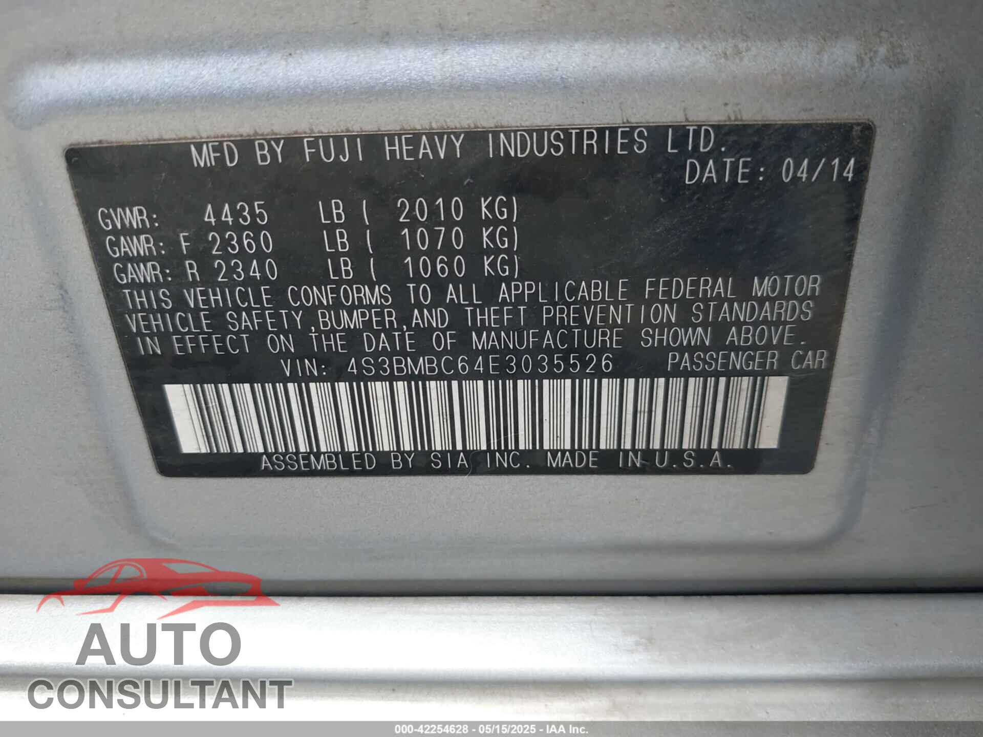 SUBARU LEGACY 2014 - 4S3BMBC64E3035526