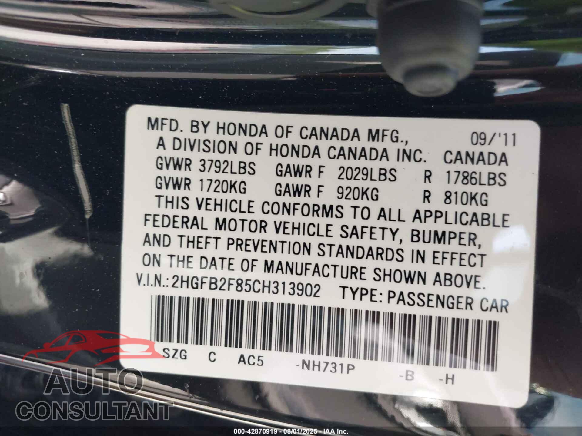 HONDA CIVIC 2012 - 2HGFB2F85CH313902