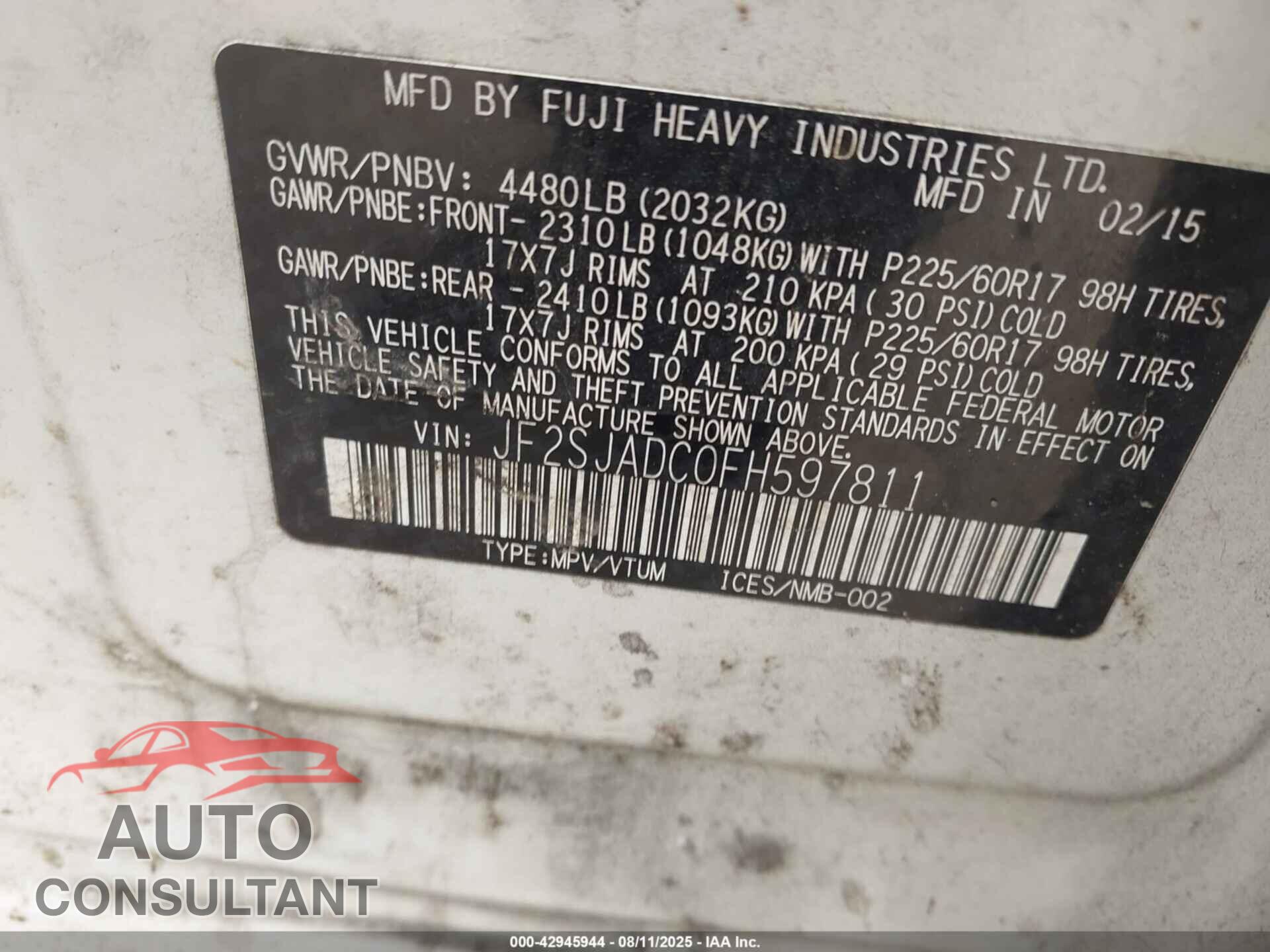 SUBARU FORESTER 2015 - JF2SJADC0FH597811