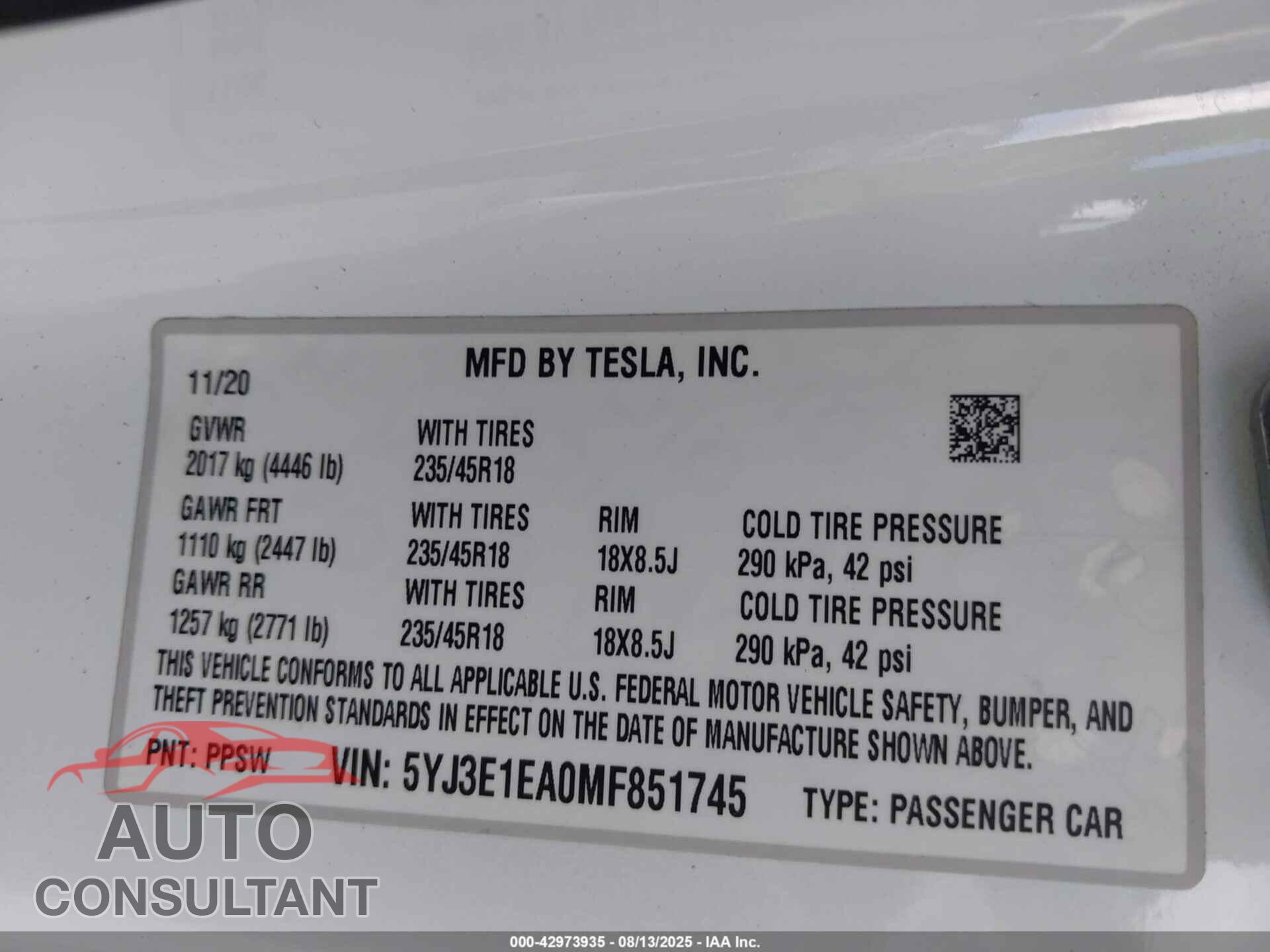 TESLA MODEL 3 2021 - 5YJ3E1EA0MF851745