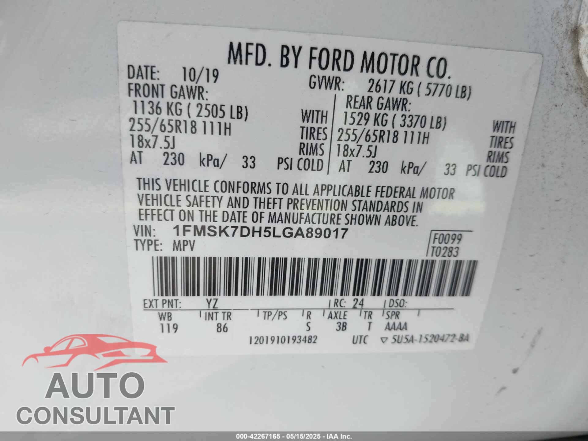 FORD EXPLORER 2020 - 1FMSK7DH5LGA89017